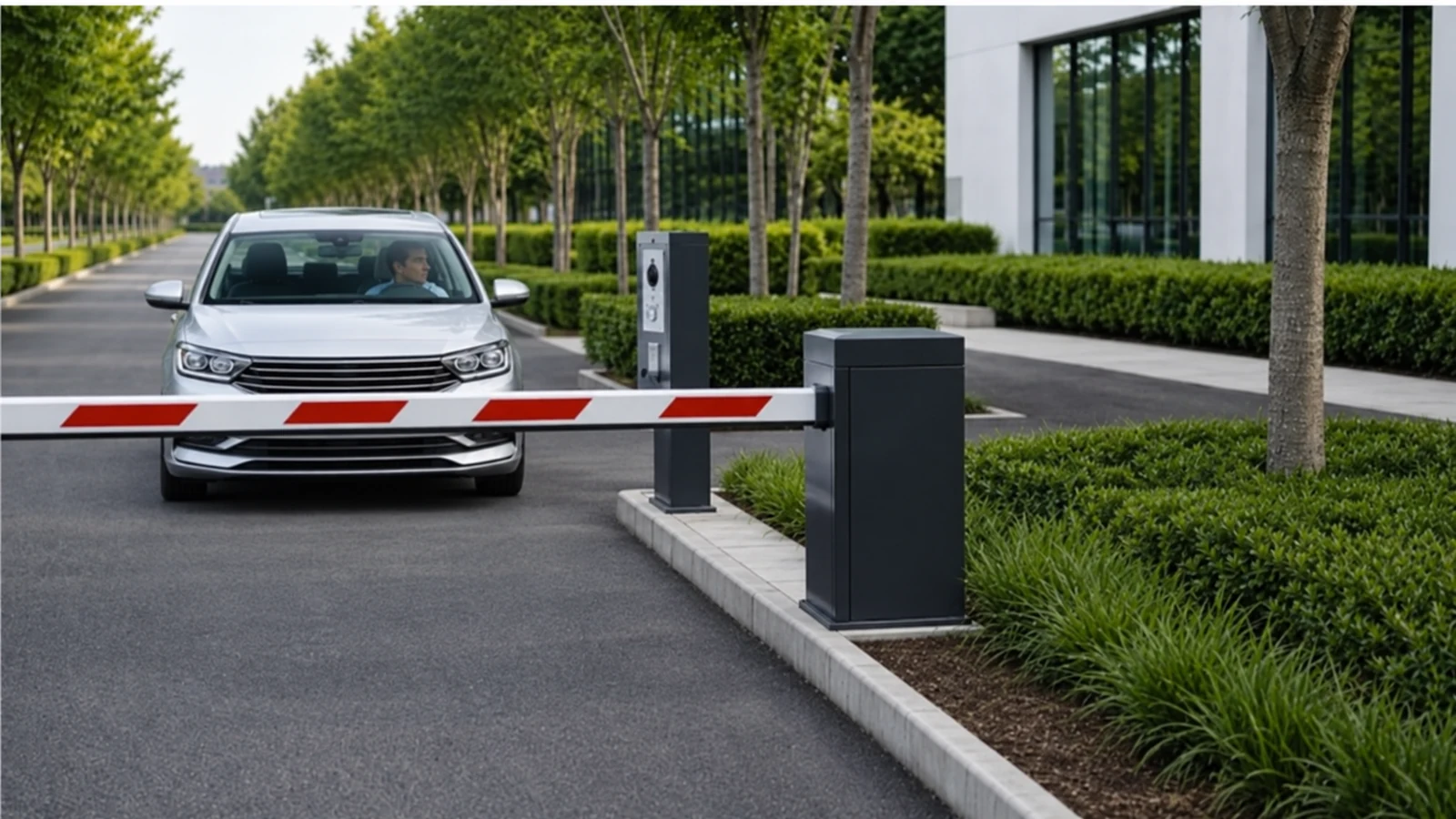 Driver stopped at a commercial barrier gate beside a vehicle intercom and access-control cabinet.