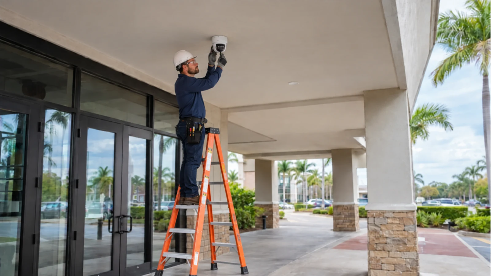Technician installing a dome security camera beneath a commercial entrance canopy in Florida.