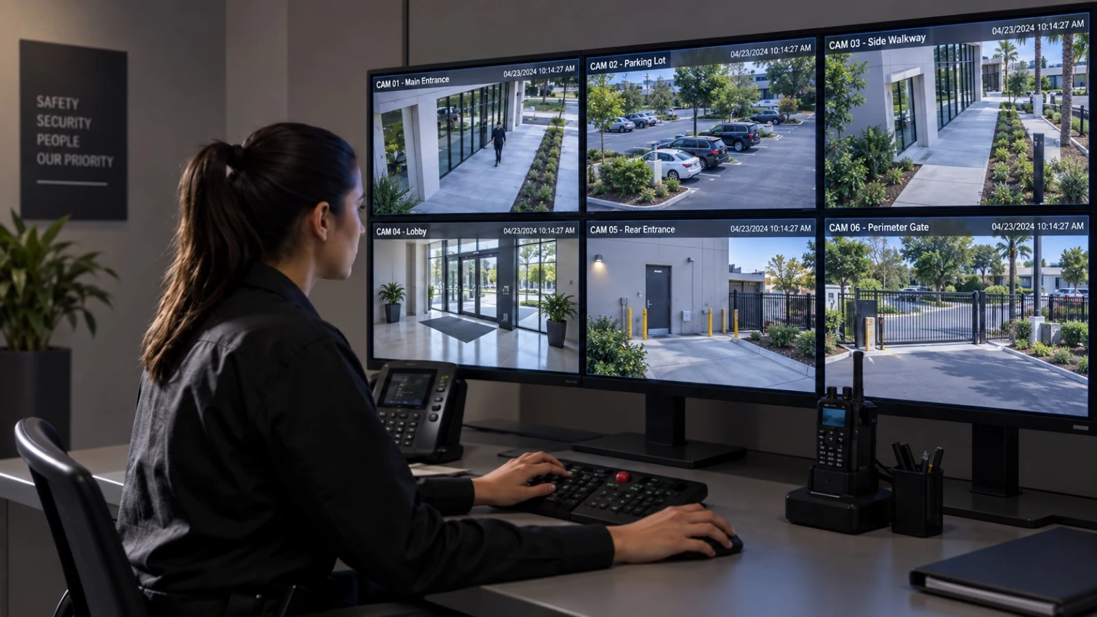 Security operator monitoring six CCTV views of a commercial property from a control workstation.
