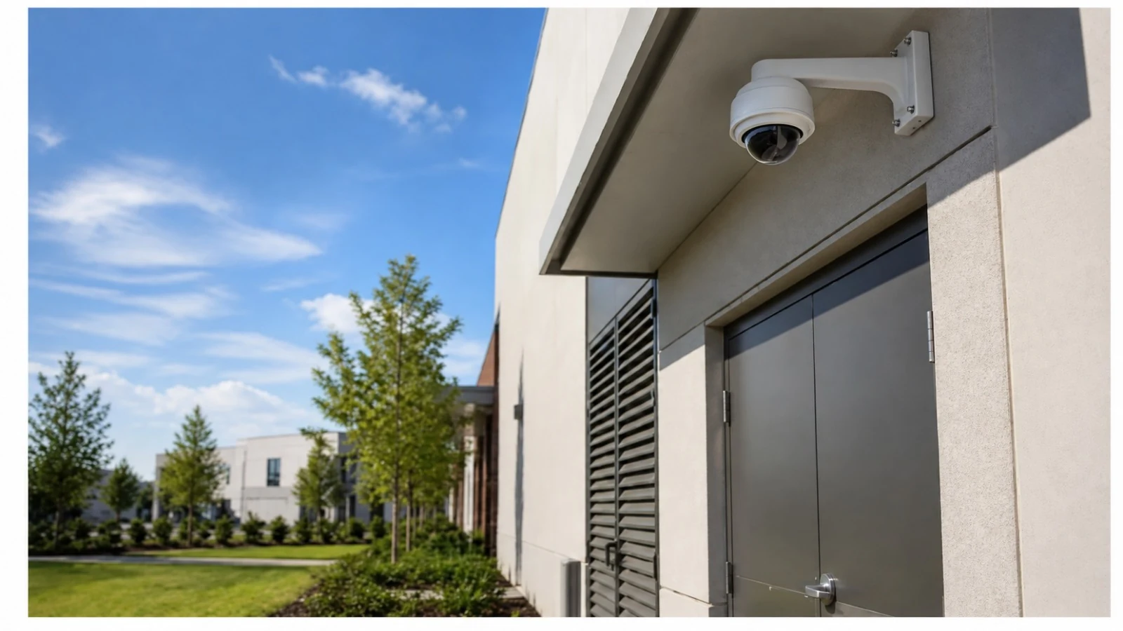 Exterior dome security camera mounted high above a commercial service door.