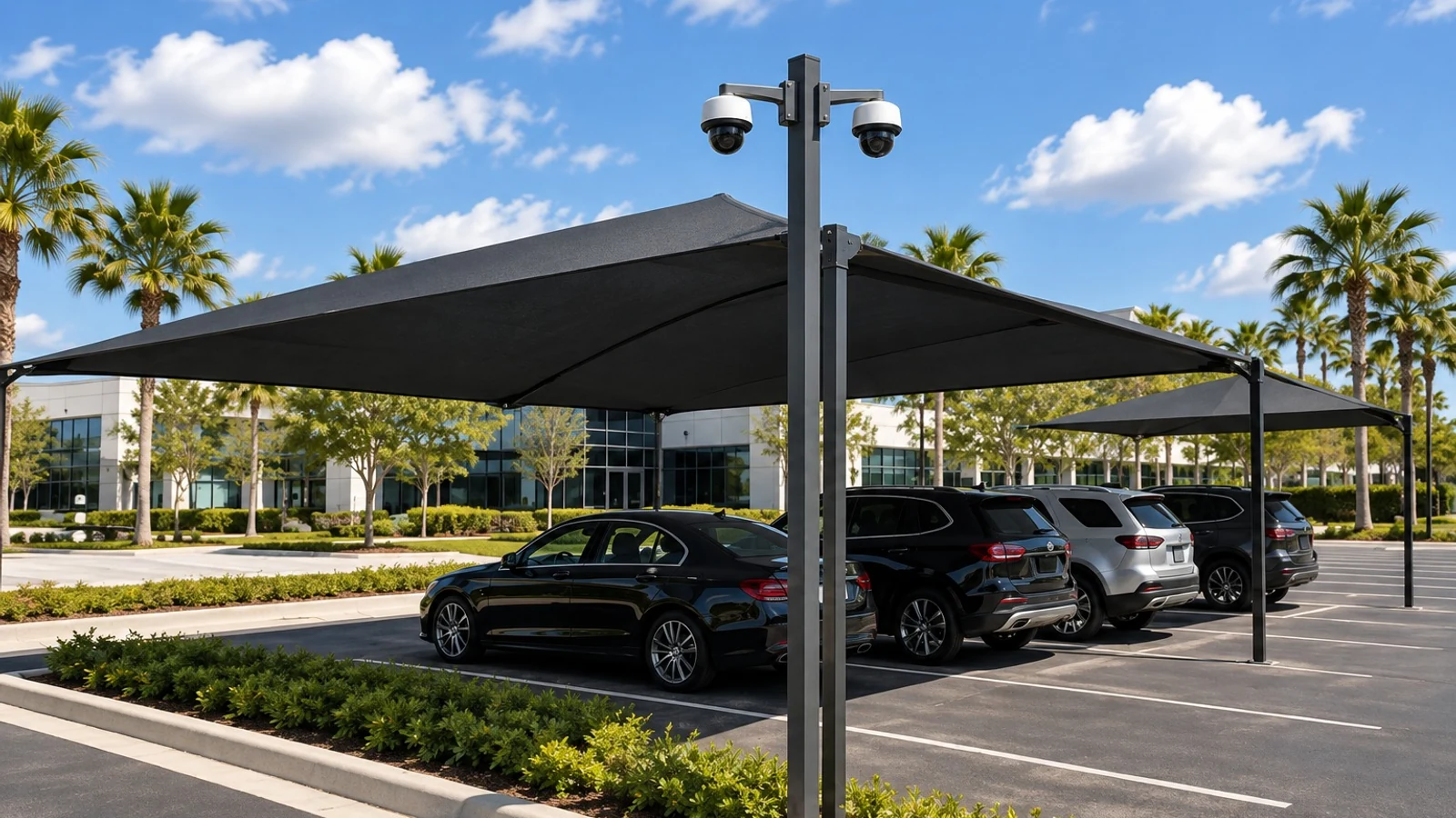 Two dome security cameras mounted on a parking-lot pole covering a commercial property in Florida.