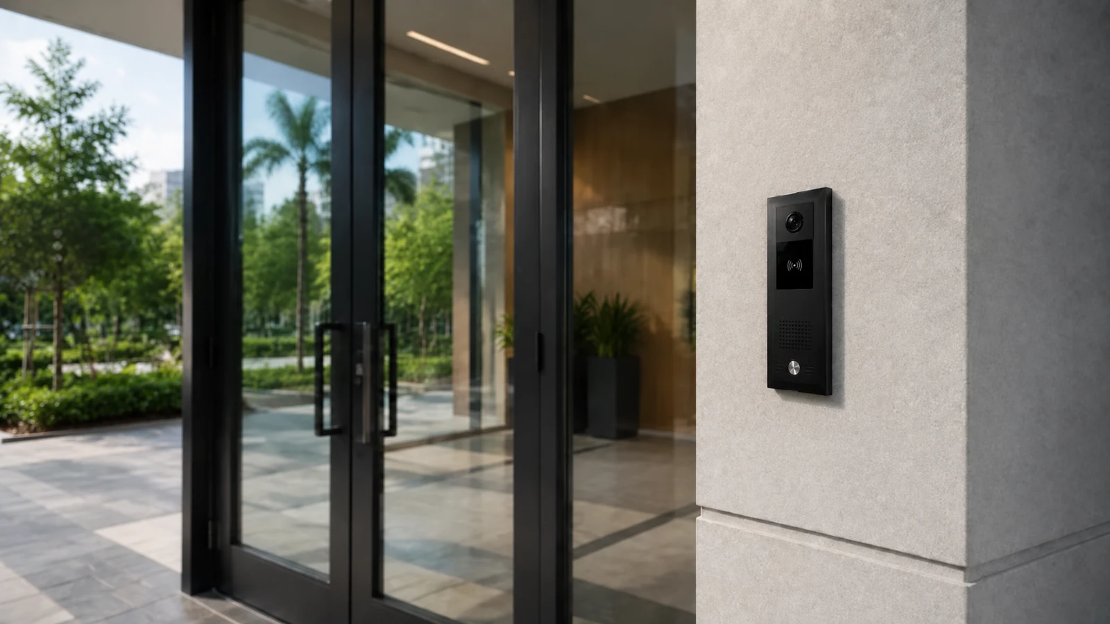Wall-mounted commercial video intercom beside a glass building entrance.