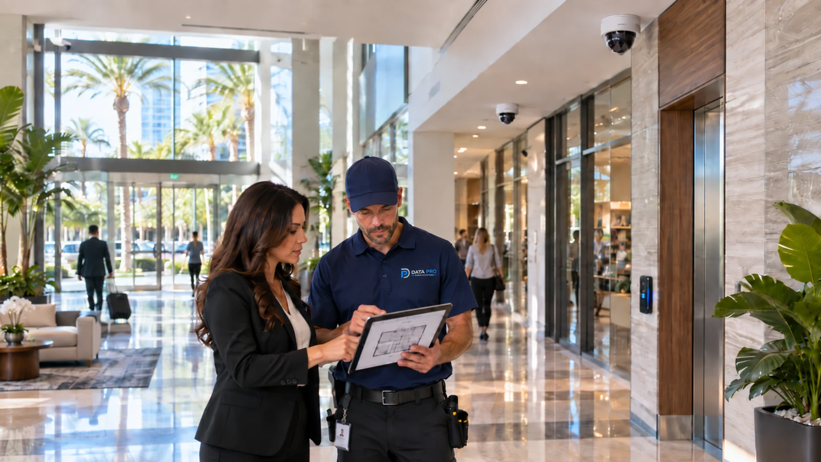 Data Pro technician reviewing a commercial lobby security plan with a property representative beneath installed dome cameras.