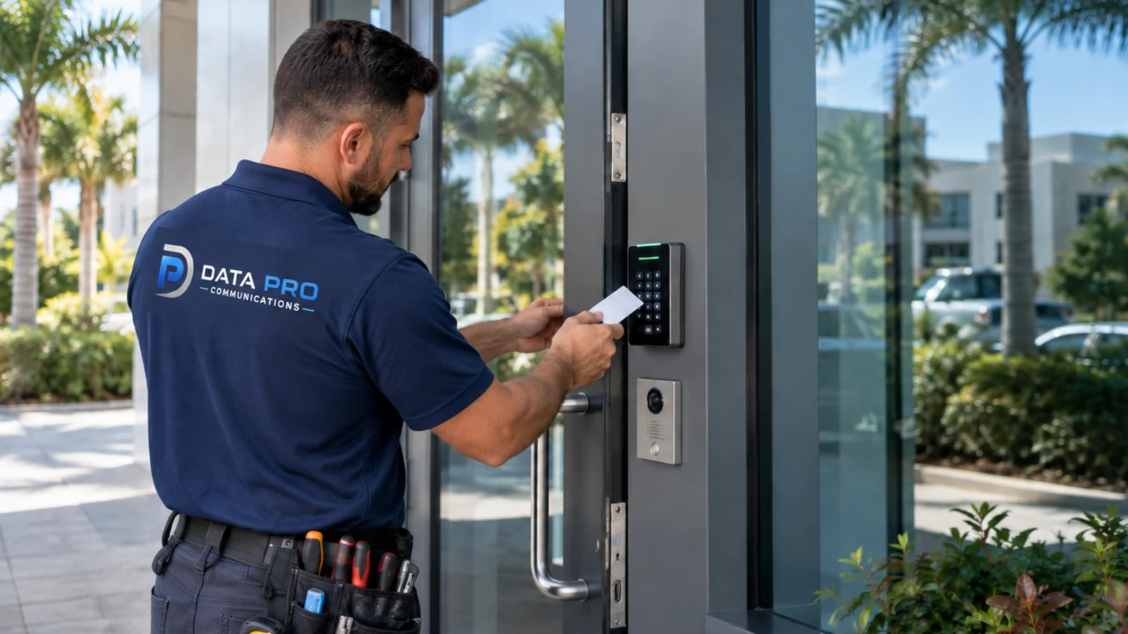 Data Pro technician configuring a card reader and video intercom at a commercial glass entrance.