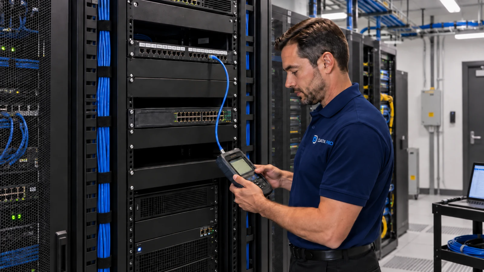 Data Pro technician testing a network connection with a handheld cable tester beside an organized equipment rack.