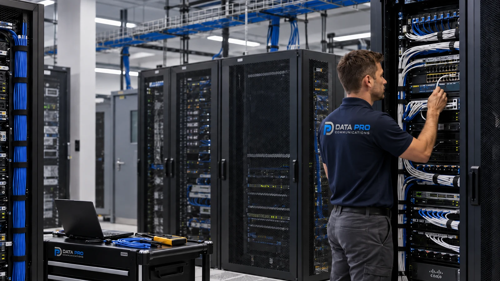 Data Pro technician servicing organized network switches and structured cabling inside a commercial equipment room.