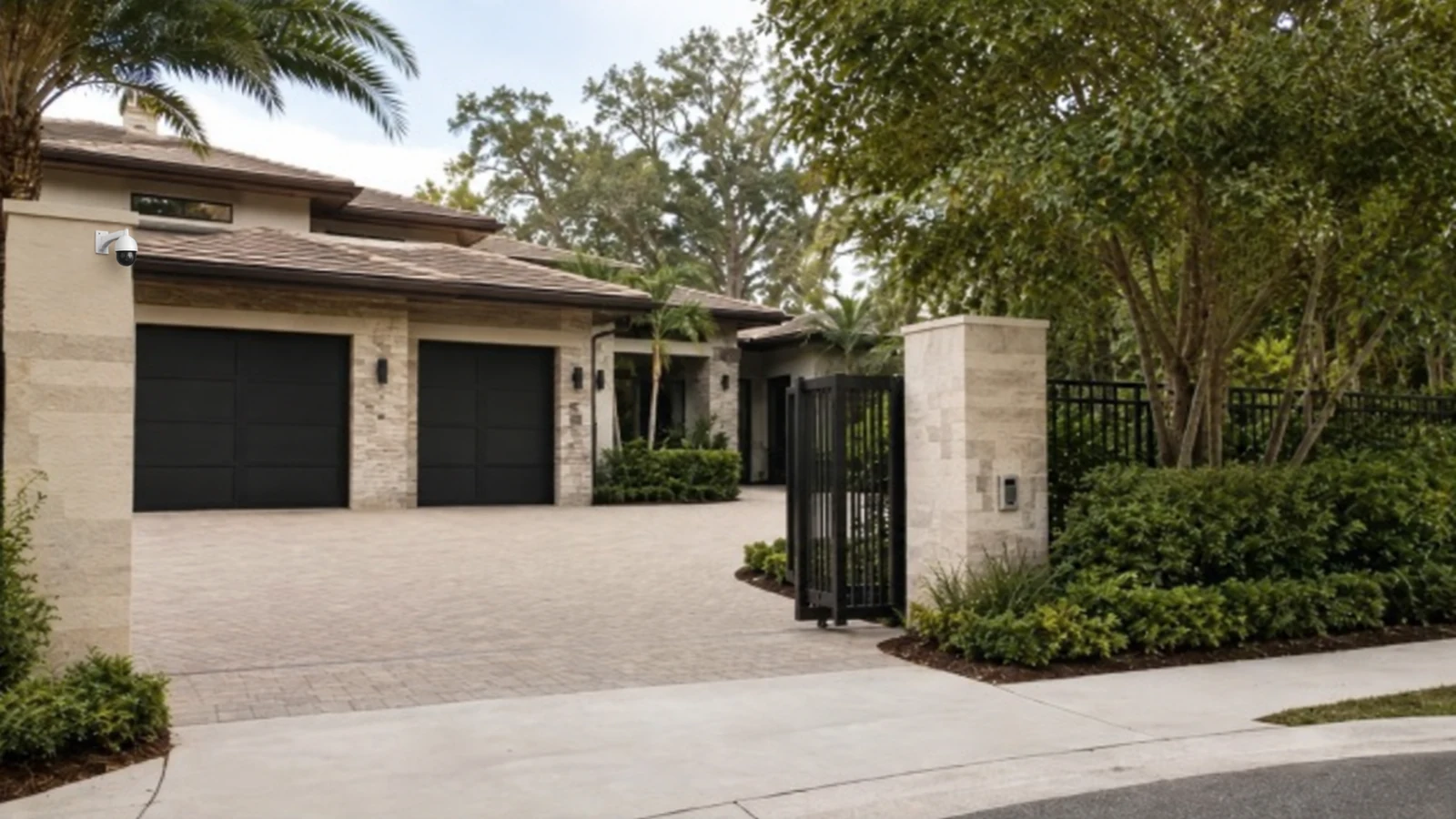 Gated Florida residence with a wall-mounted security camera overlooking the driveway entrance.