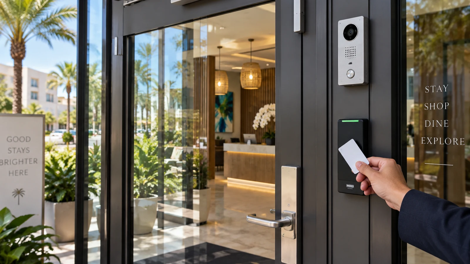 Guest presenting an access card at a hotel entrance equipped with a video intercom and automatic door operator.