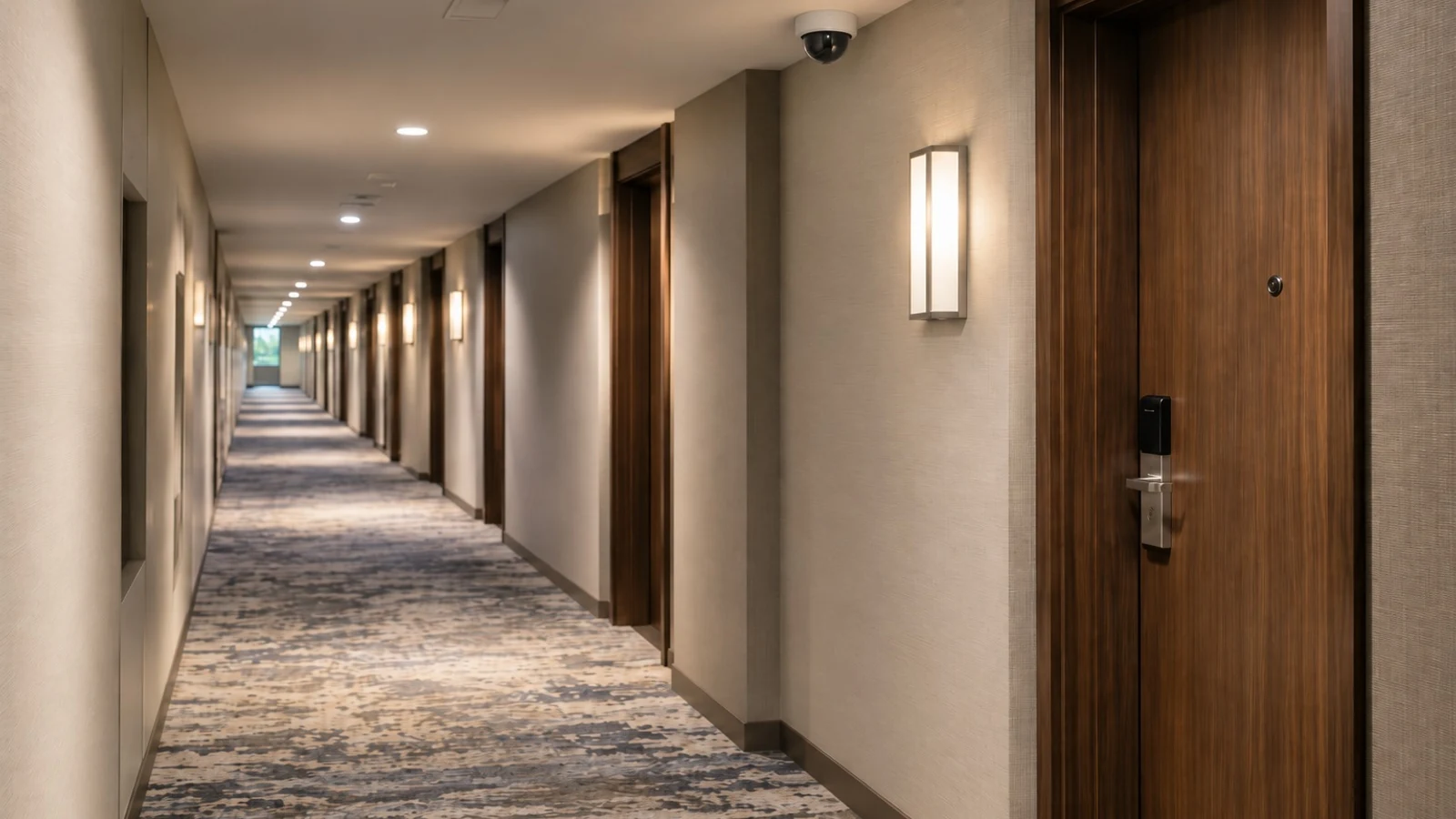Hotel corridor with a ceiling-mounted dome security camera and electronic guest-room door locks.
