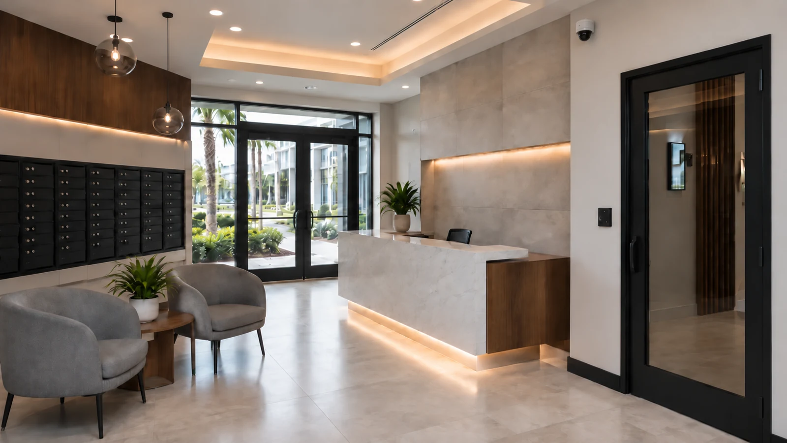Multifamily lobby with mailboxes, reception desk, controlled interior door and ceiling-mounted security camera.