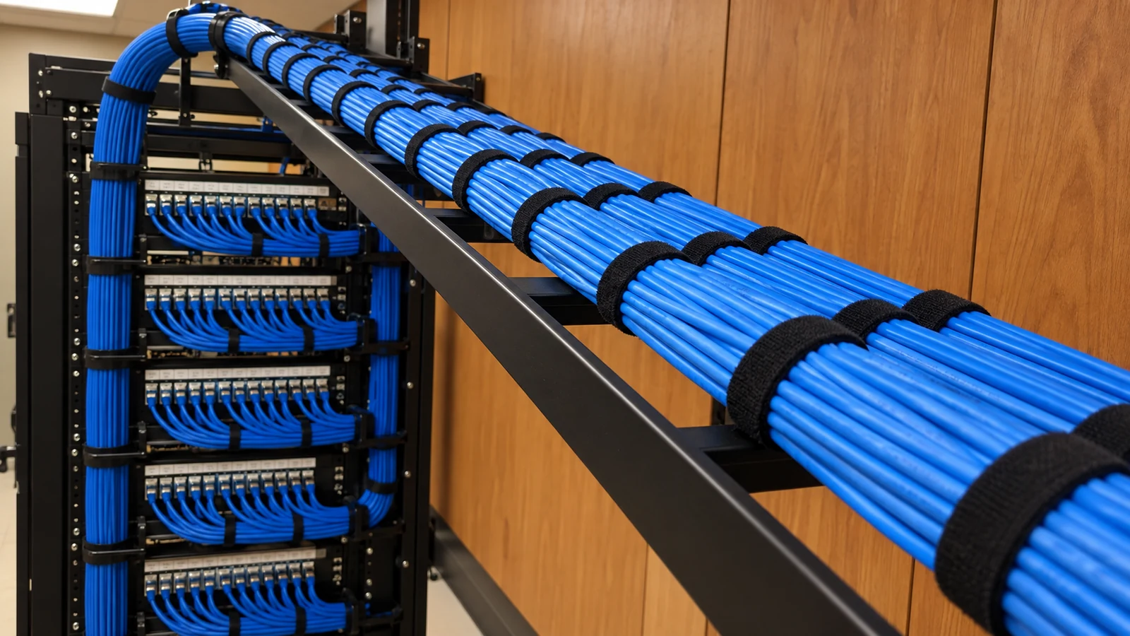 Blue structured-cabling bundles secured to an overhead ladder rack and terminated in commercial patch panels.