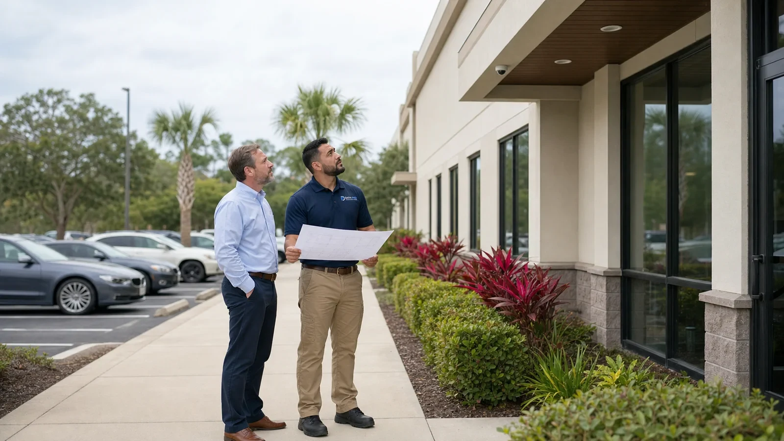 Data Pro consultant and facilities manager reviewing camera coverage beneath a high exterior dome camera.