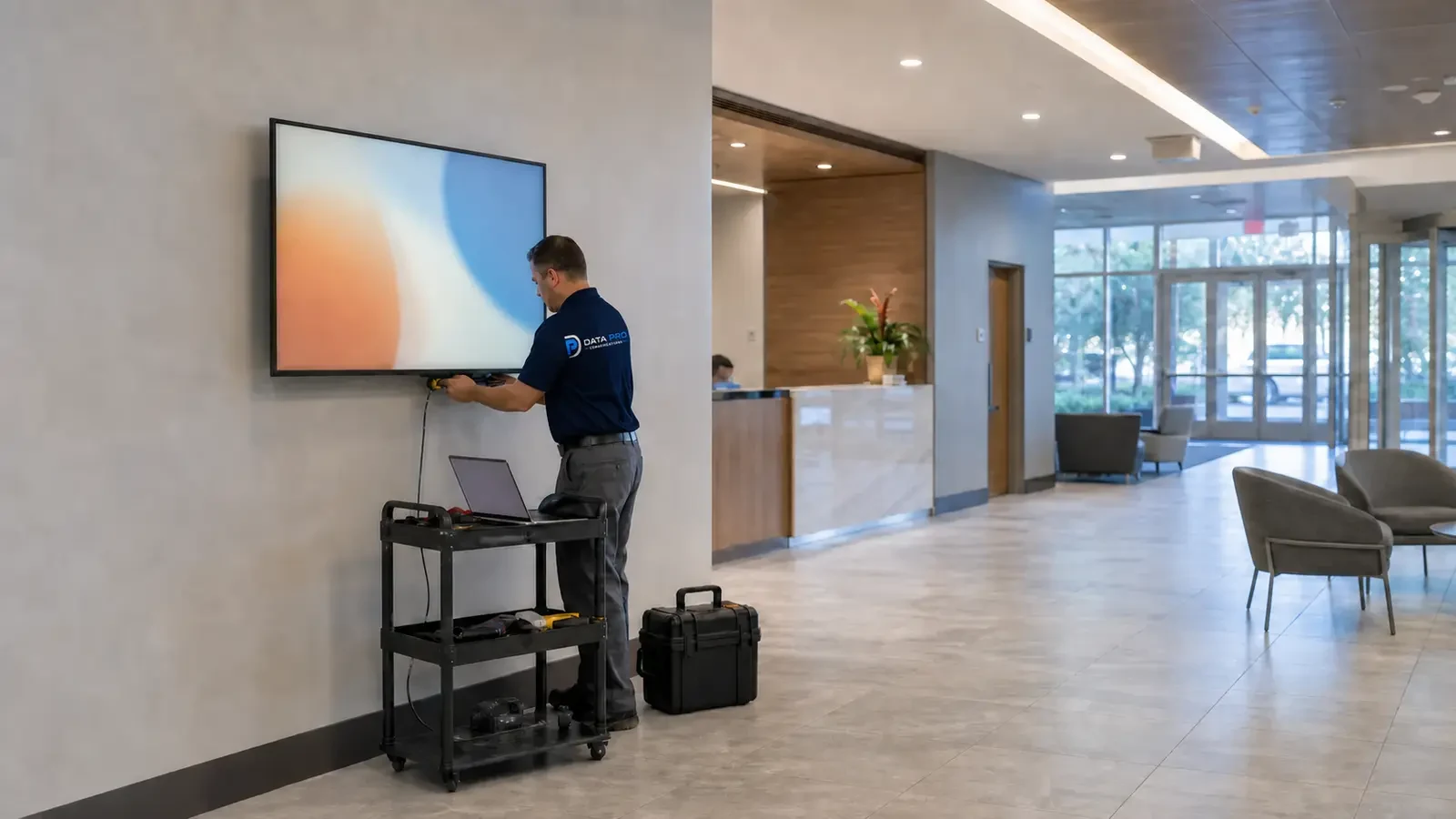 Data Pro technician commissioning an active digital-signage display in a finished commercial lobby.