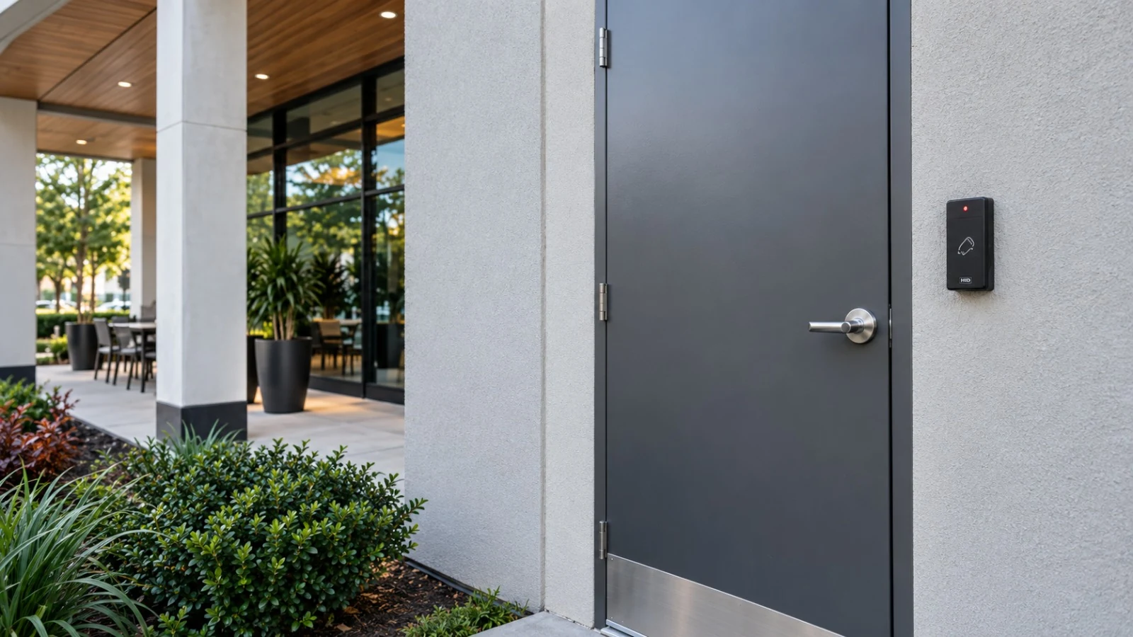 Credential reader installed beside an exterior door at a managed commercial property.