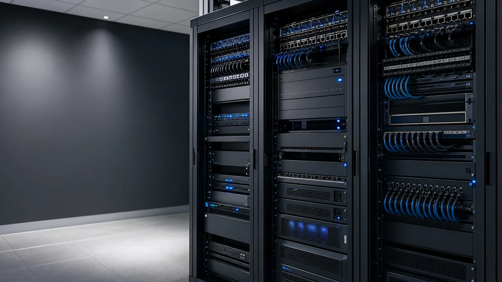 Organized commercial equipment racks with labeled blue network patching inside a technical room.