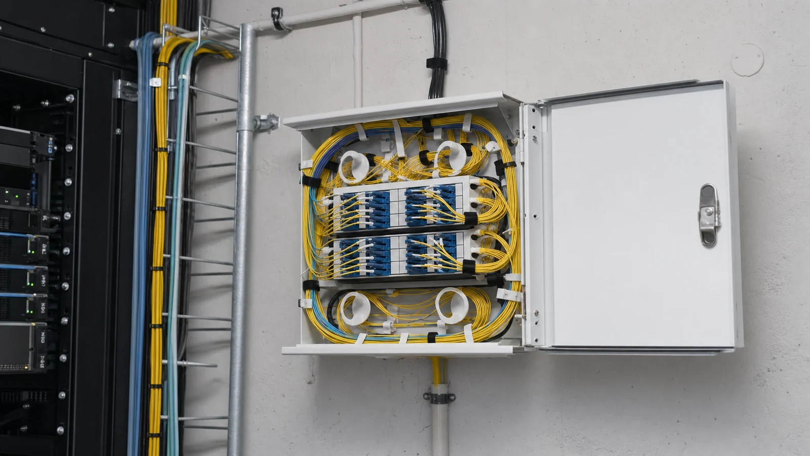 Organized commercial fiber distribution enclosure with yellow patching and blue optical adapters.