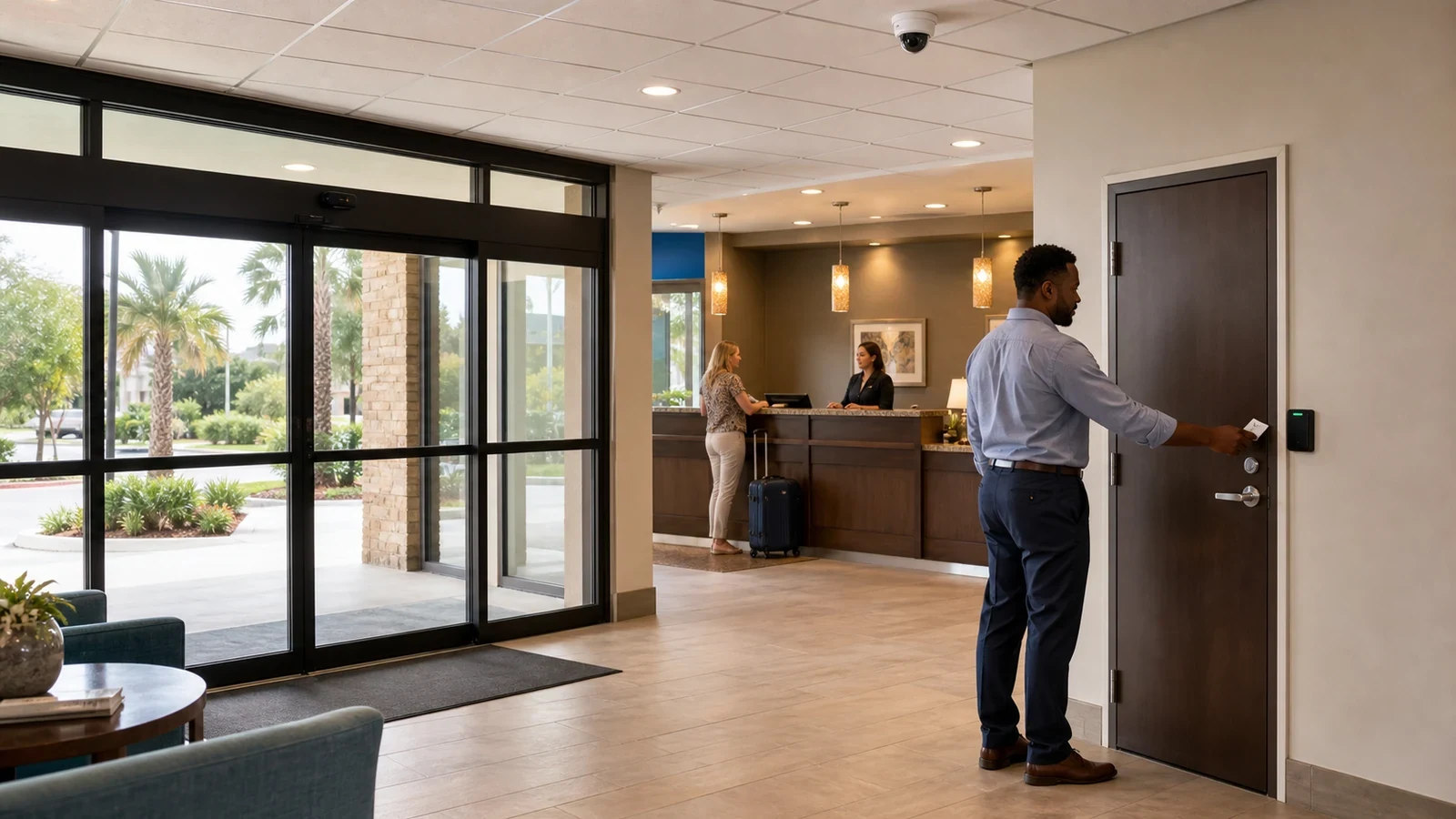 Commercial lobby with a ceiling-mounted dome camera and a controlled staff door.