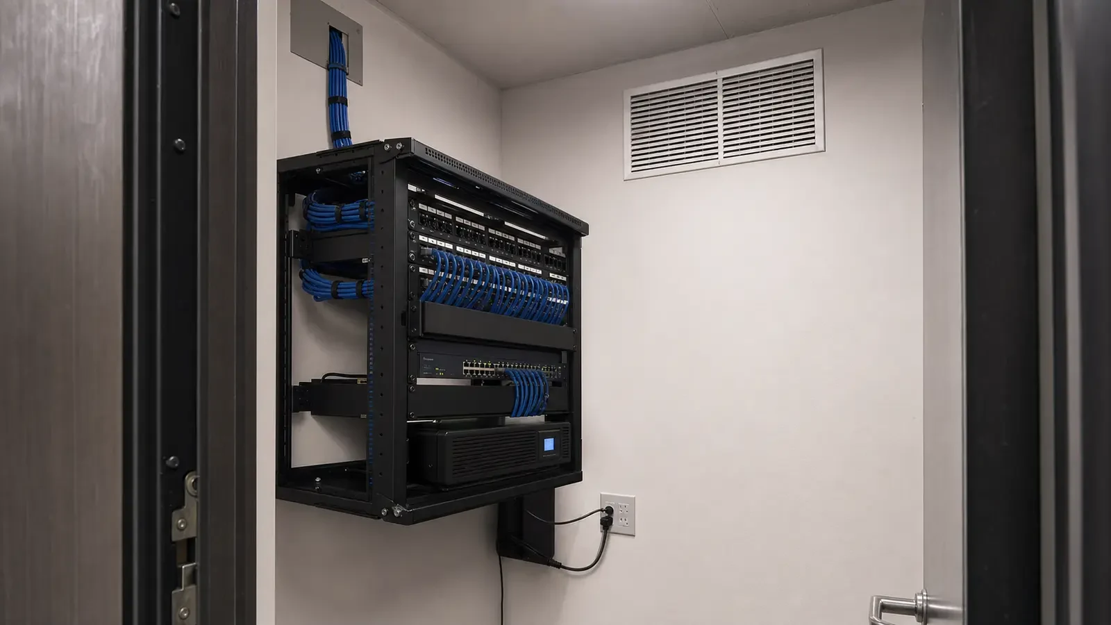 Organized wall-mounted network rack inside a closed commercial equipment room.