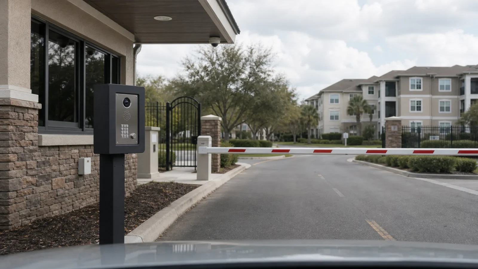Community entrance with an intercom before a full-lane vehicle barrier and a high dome camera.