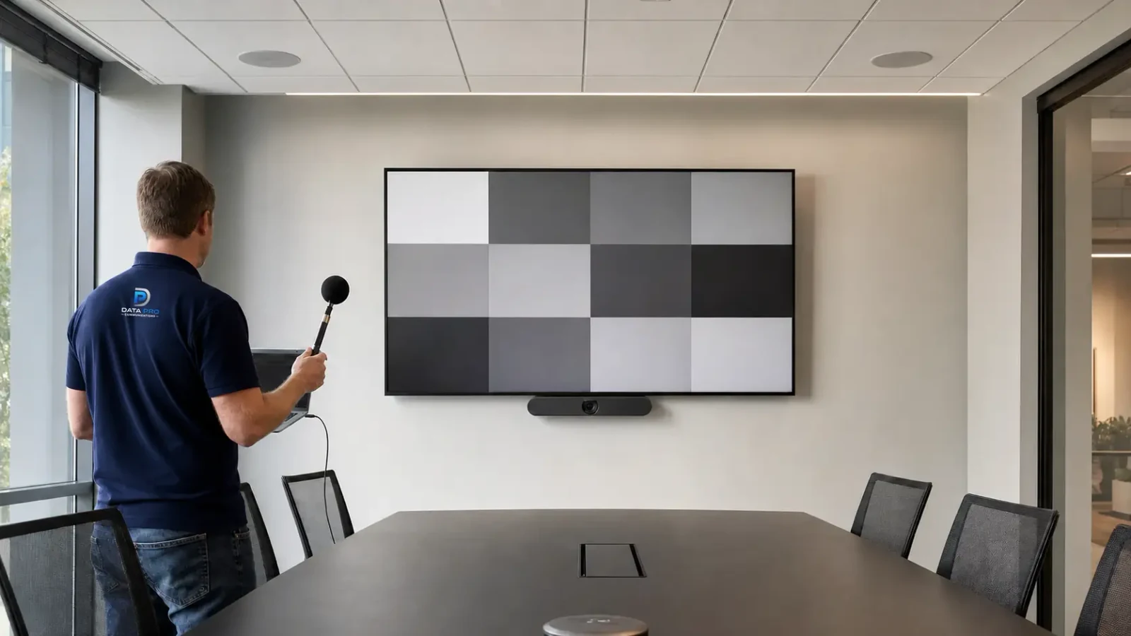 Data Pro technician calibrating a commercial conference-room display and video system.