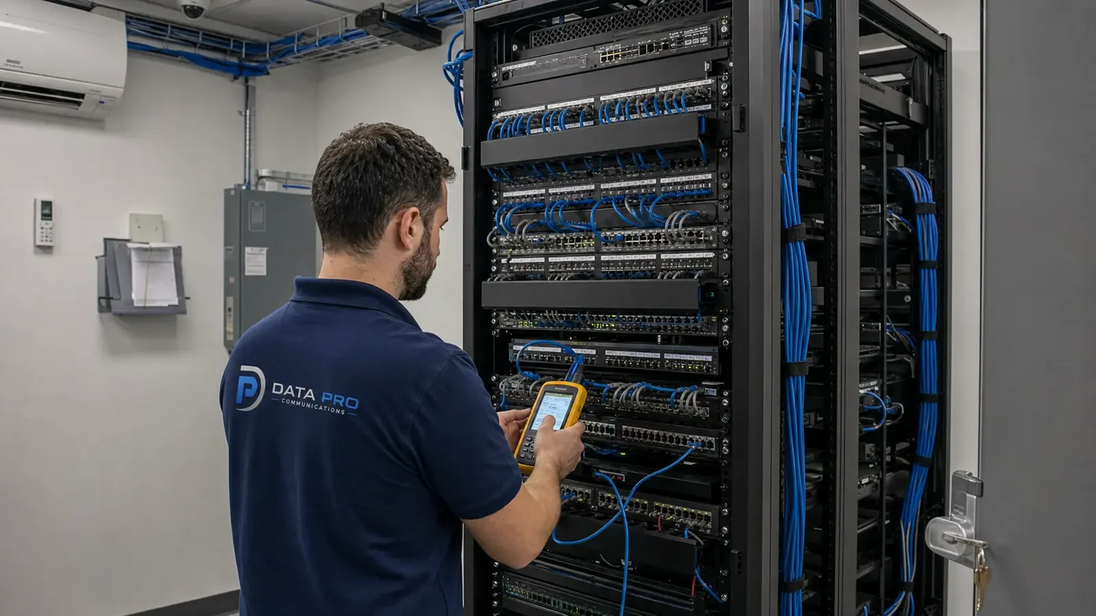 Data Pro technician testing an organized network rack inside a dedicated equipment room.