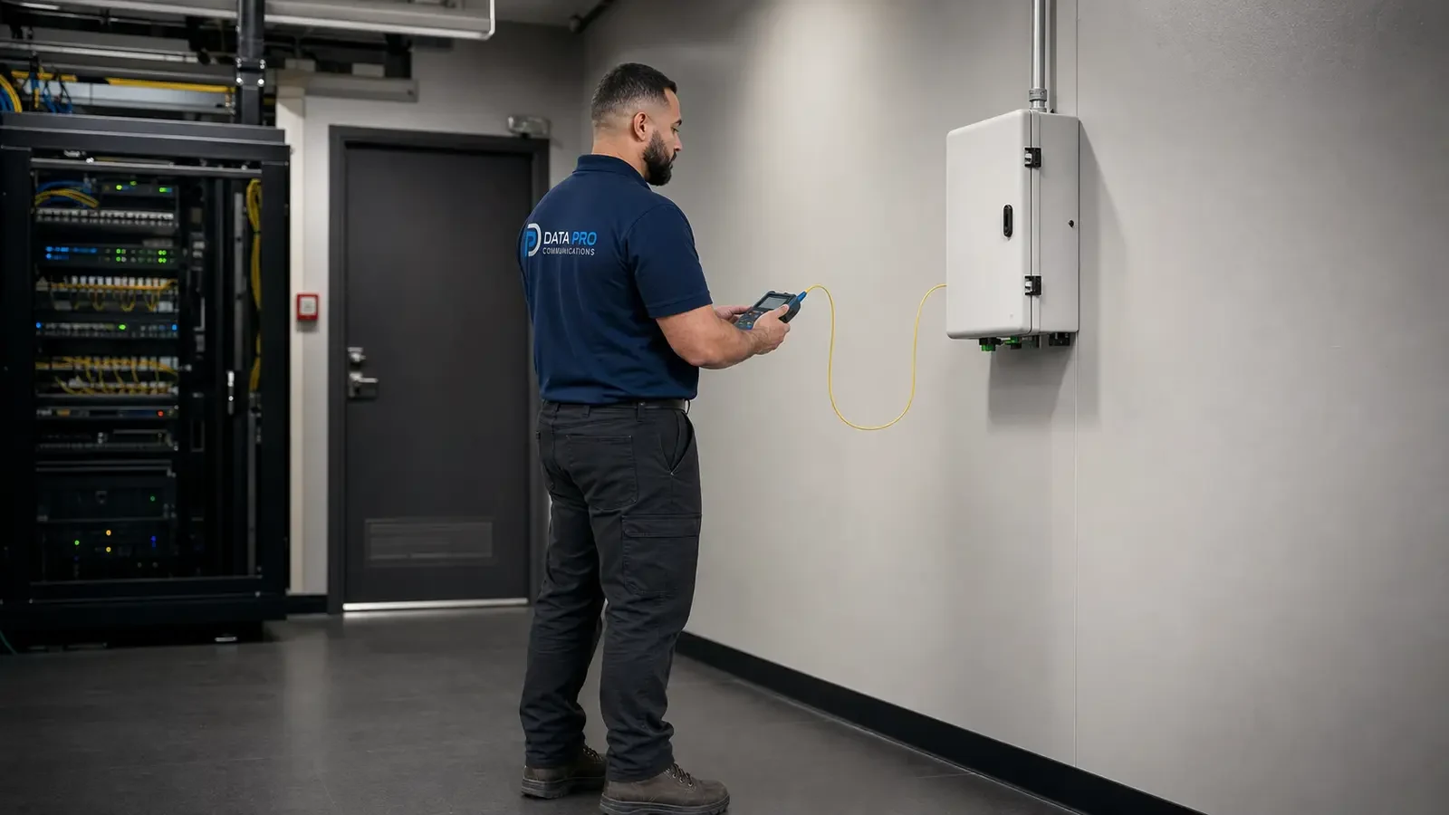 Data Pro technician testing a yellow fiber link beside a rack in a dedicated equipment room.