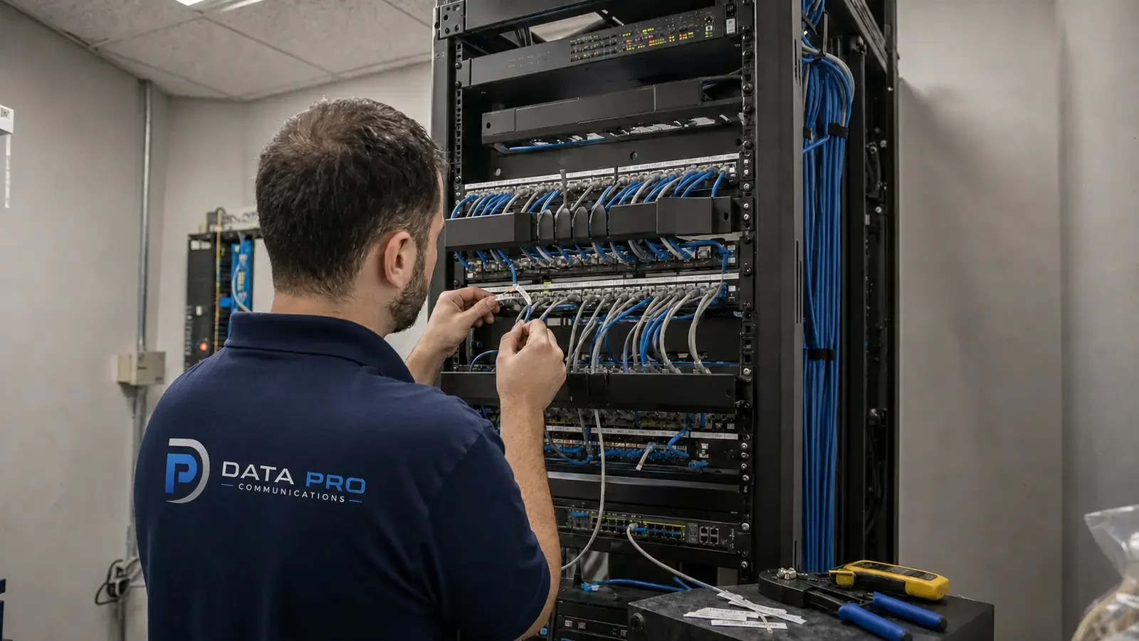 Data Pro technician servicing structured cabling in an organized dedicated network room.