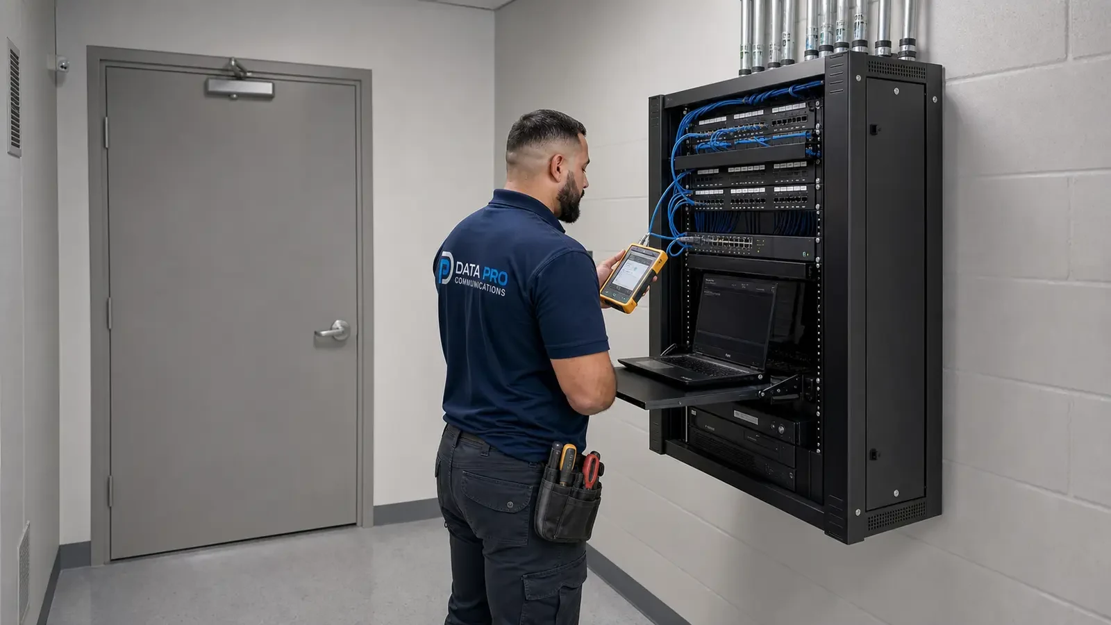 Data Pro technician testing a wall-mounted network rack inside a dedicated equipment room.