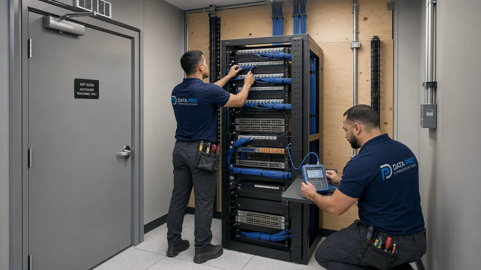 Data Pro technicians working on an organized rack inside an authorized MDF room.