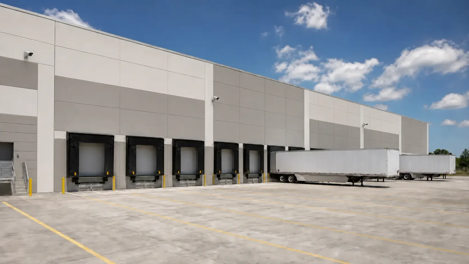 Distribution center loading facade with compact security cameras mounted high above the docks.