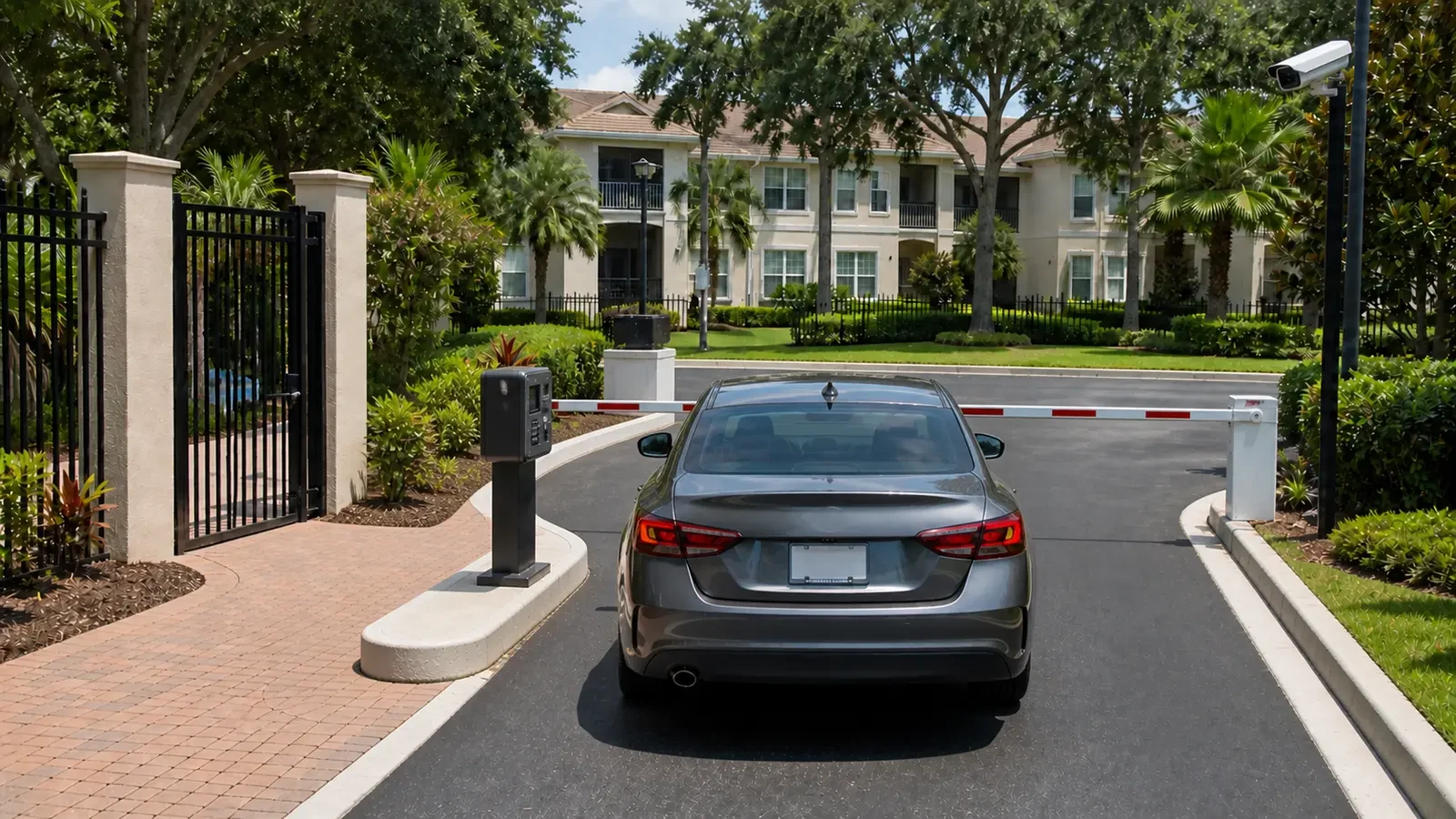 Multifamily vehicle entrance with barrier arm, intercom, pedestrian gate and high camera.