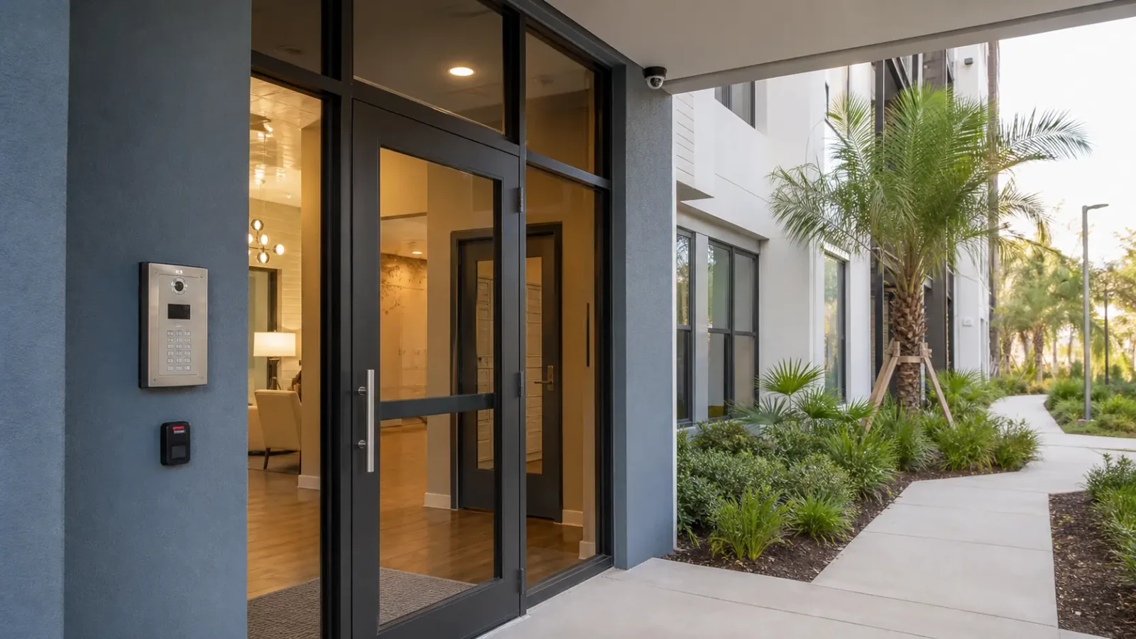 Multifamily entrance with a flush video intercom, credential reader and high dome camera.