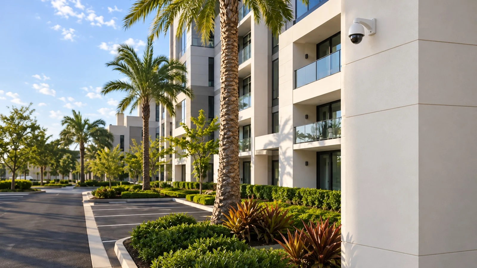 Wall-mounted dome security camera overlooking parking at a modern multifamily property.