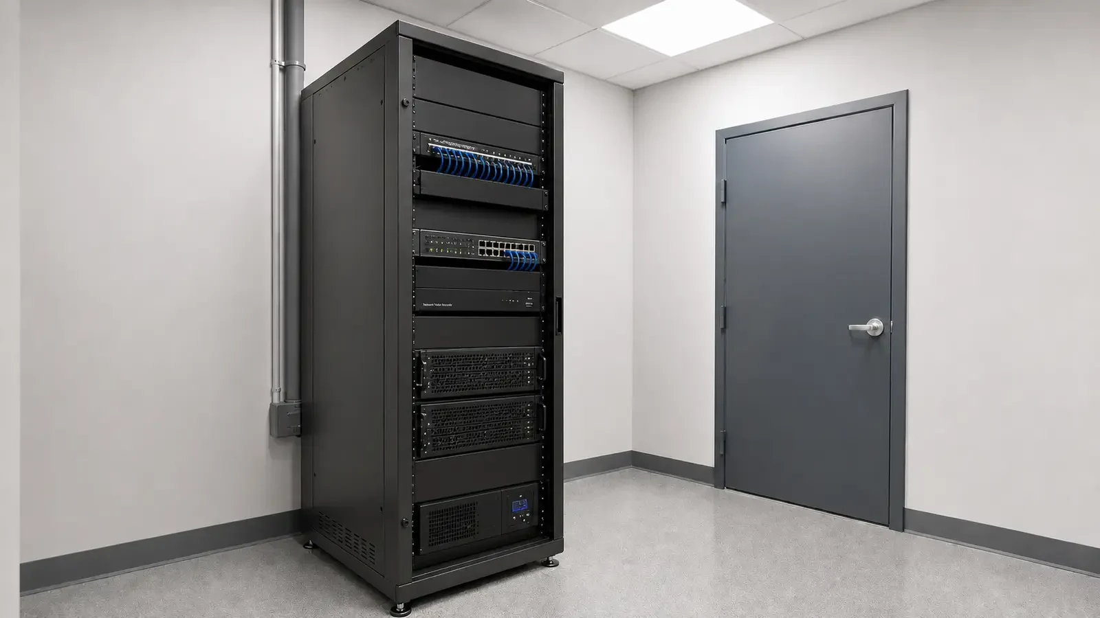 Video recorder and network equipment installed inside a dedicated commercial equipment room.