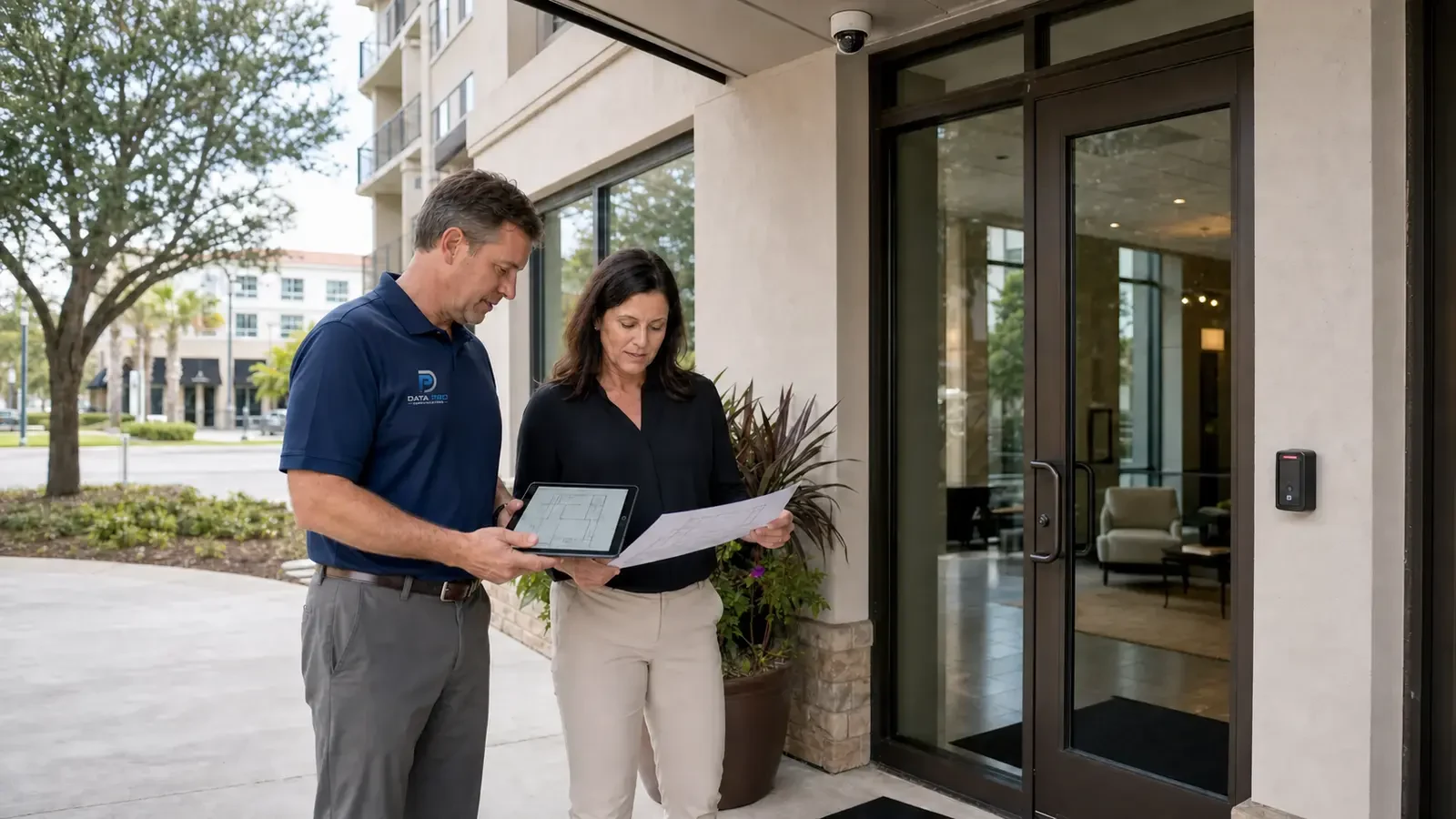 Property manager and Data Pro consultant reviewing a security plan beneath a high entrance camera.