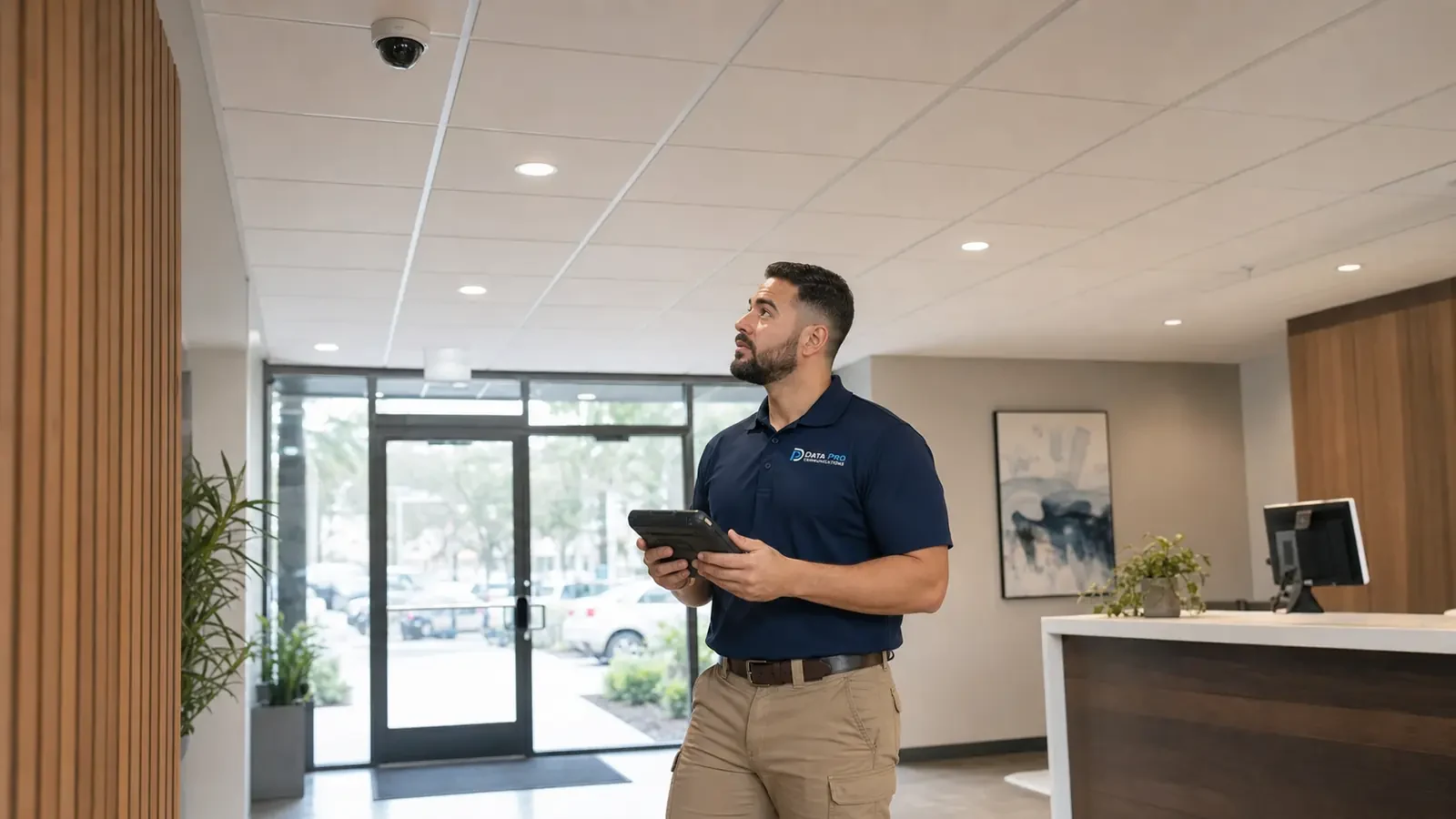 Data Pro technician testing a discreet high ceiling camera with a tablet in a finished lobby.