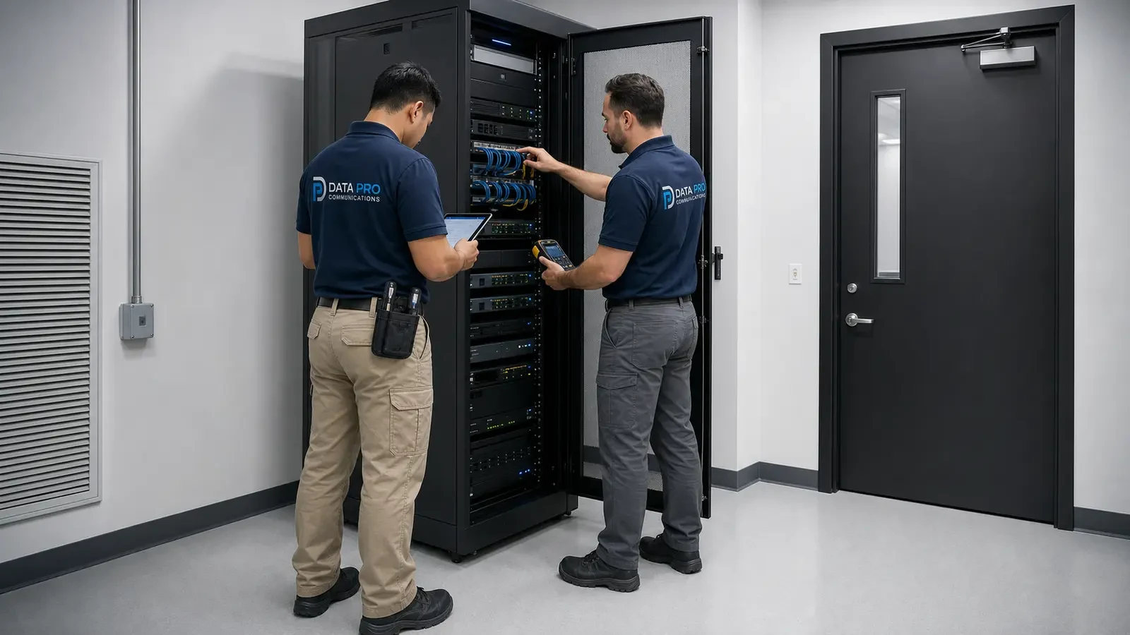 Data Pro technicians assessing an organized camera system inside a dedicated equipment room.