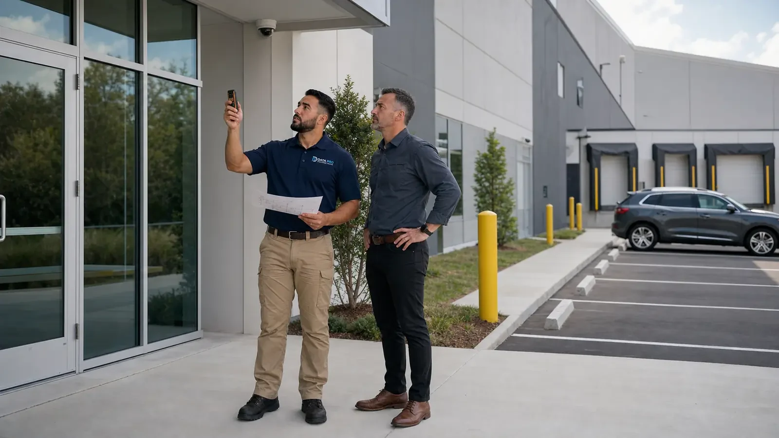 Data Pro specialist and facility manager surveying high camera coverage at a warehouse entrance.