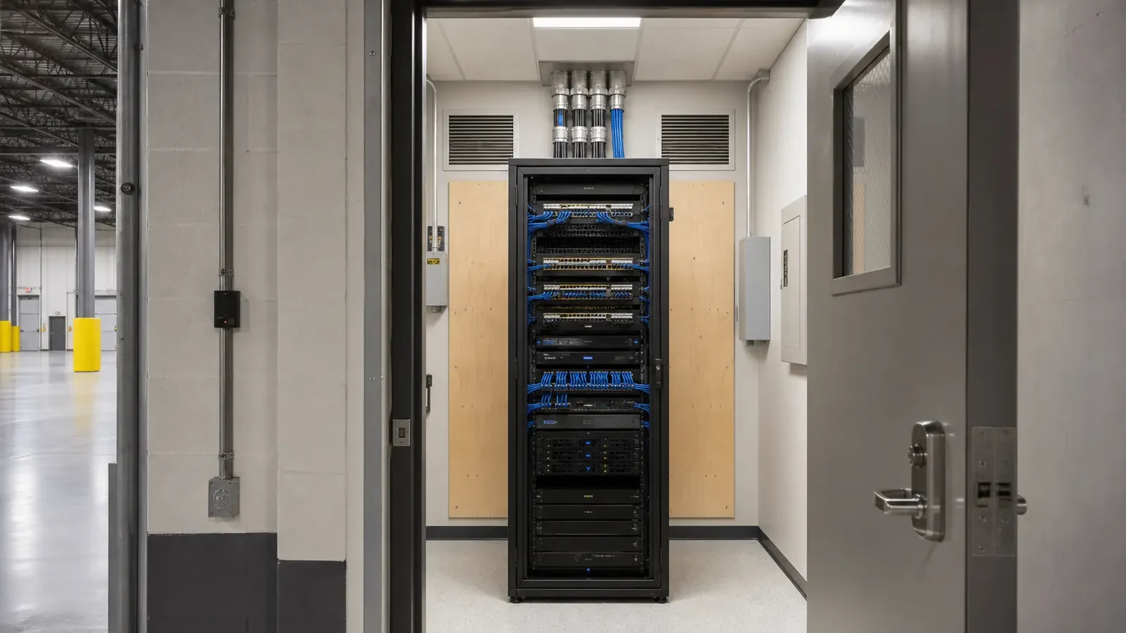 Warehouse network rack secured inside a dedicated IDF separated from the operating floor.