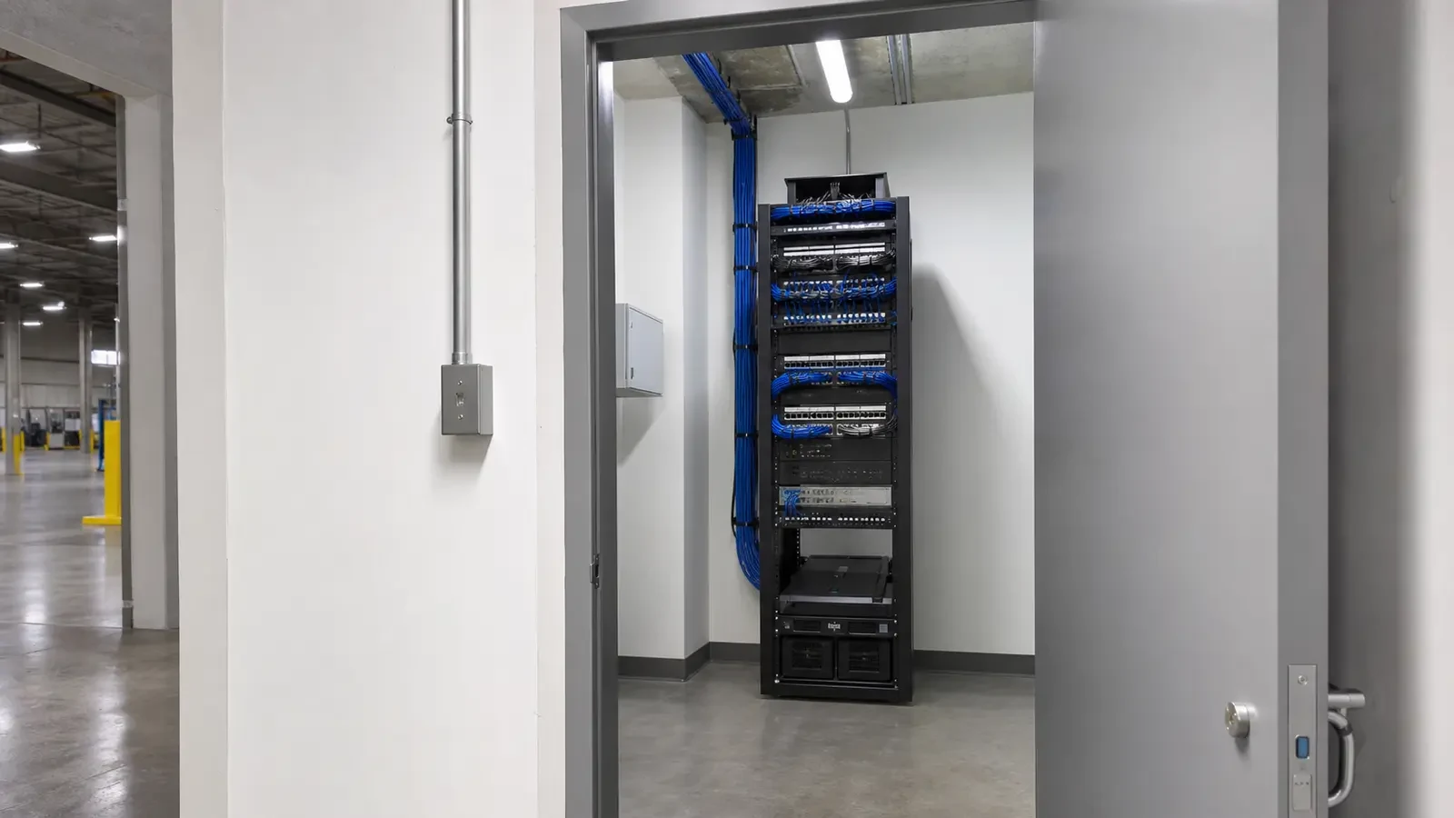 Organized structured-cabling rack installed inside a dedicated warehouse IDF.