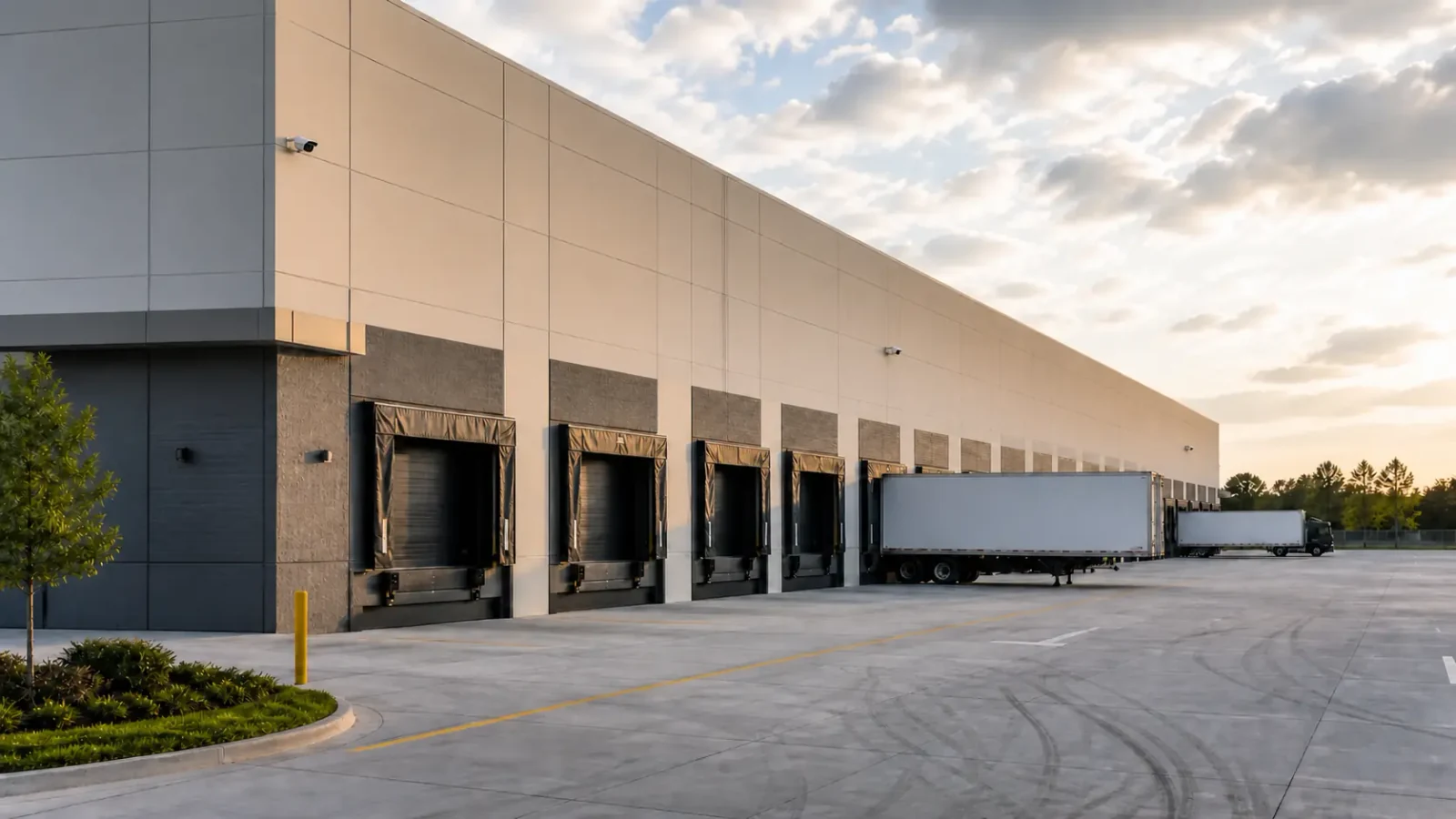 Warehouse truck court with compact security cameras mounted high along the finished exterior wall.