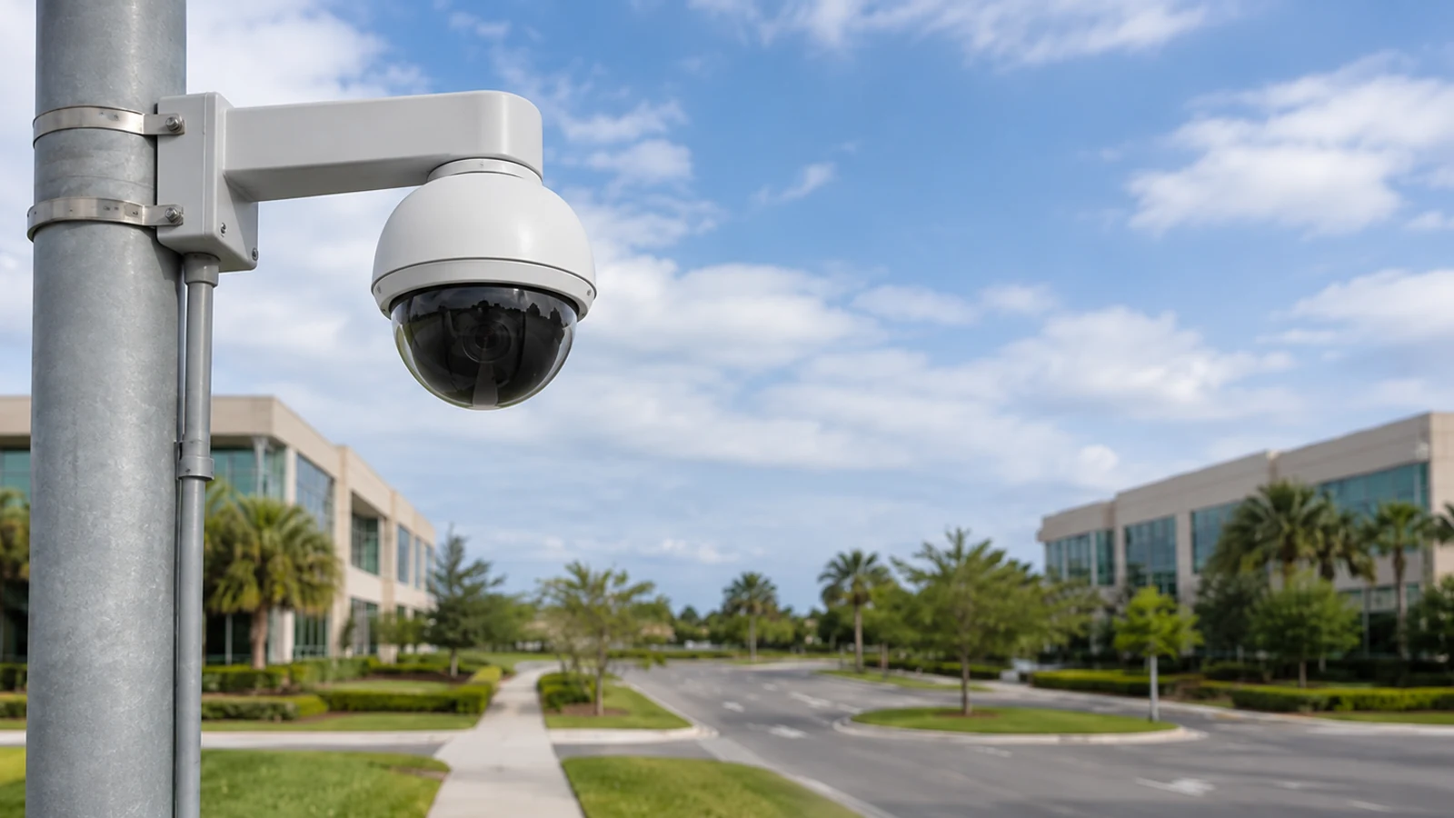 Pole-mounted PTZ camera overlooking the roads and sidewalks of a commercial campus.