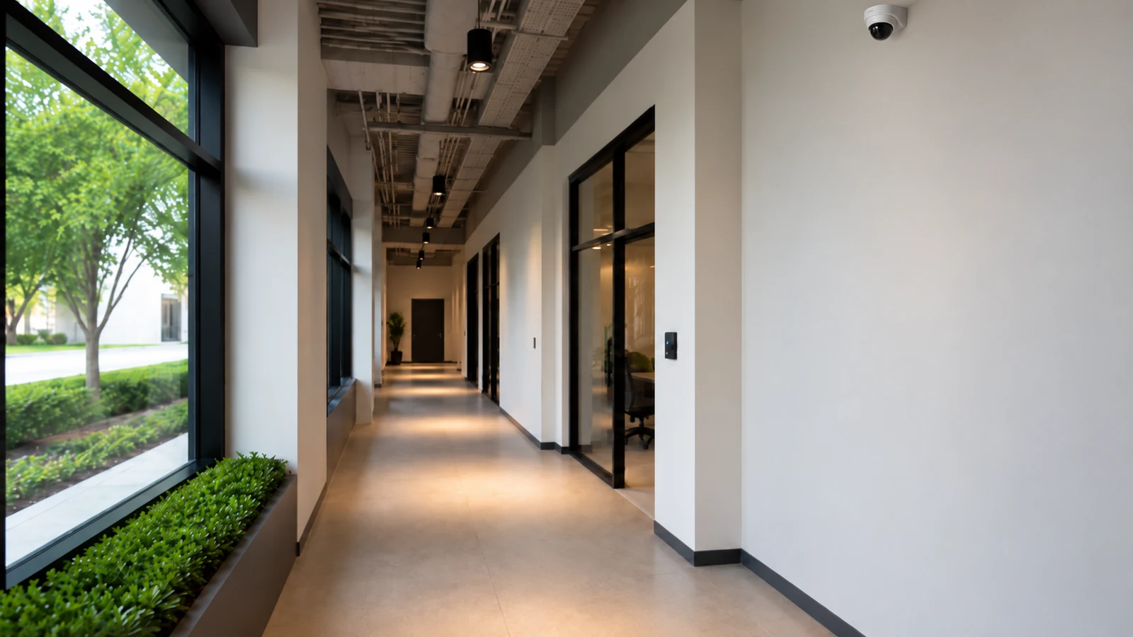 Commercial corridor with a ceiling-mounted dome camera and a door access reader.