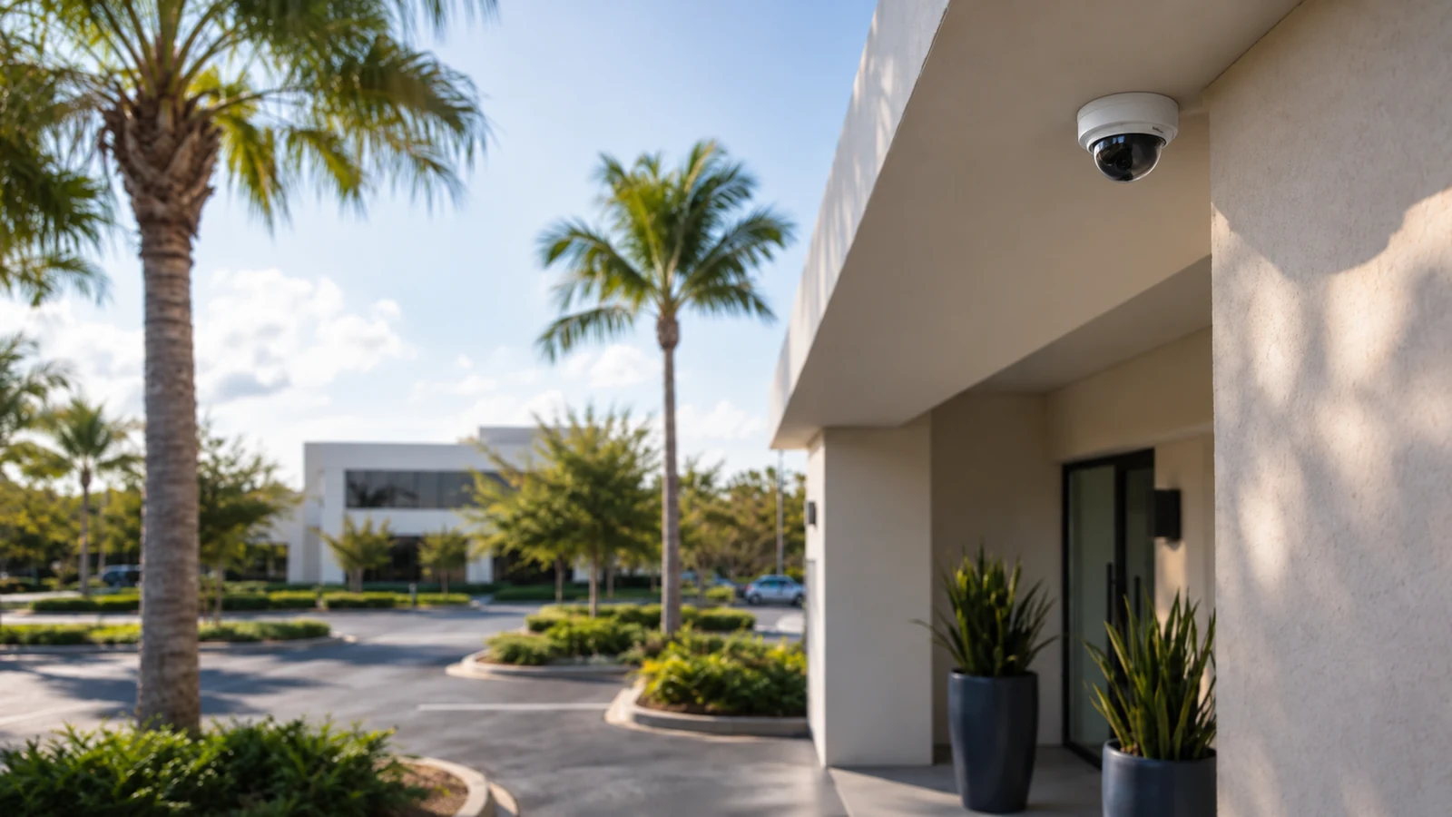 Exterior dome camera mounted beneath a commercial entrance canopy overlooking a palm-lined parking area.