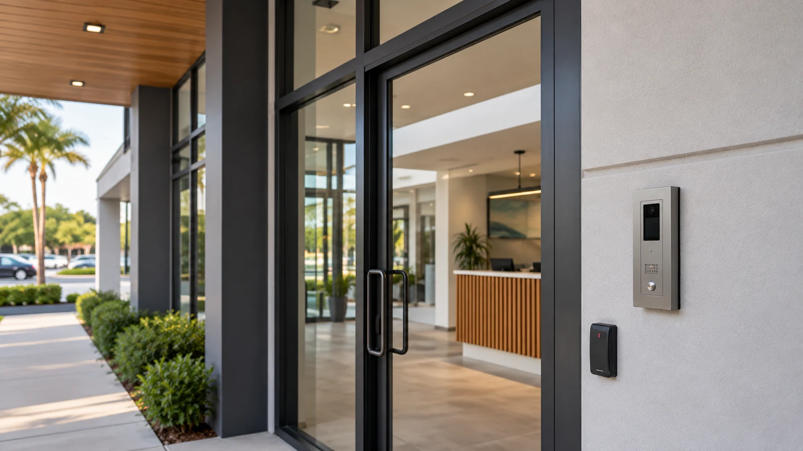 Commercial glass entrance with a wall-mounted video intercom and credential reader.