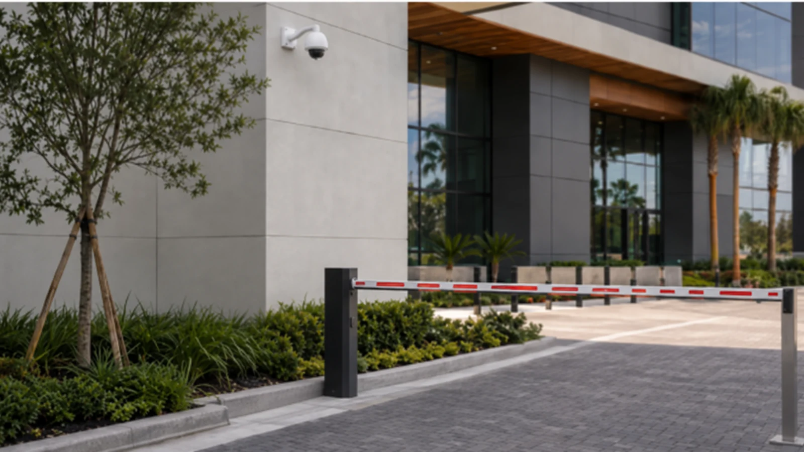 Commercial building entrance with a vehicle barrier and wall-mounted dome camera.