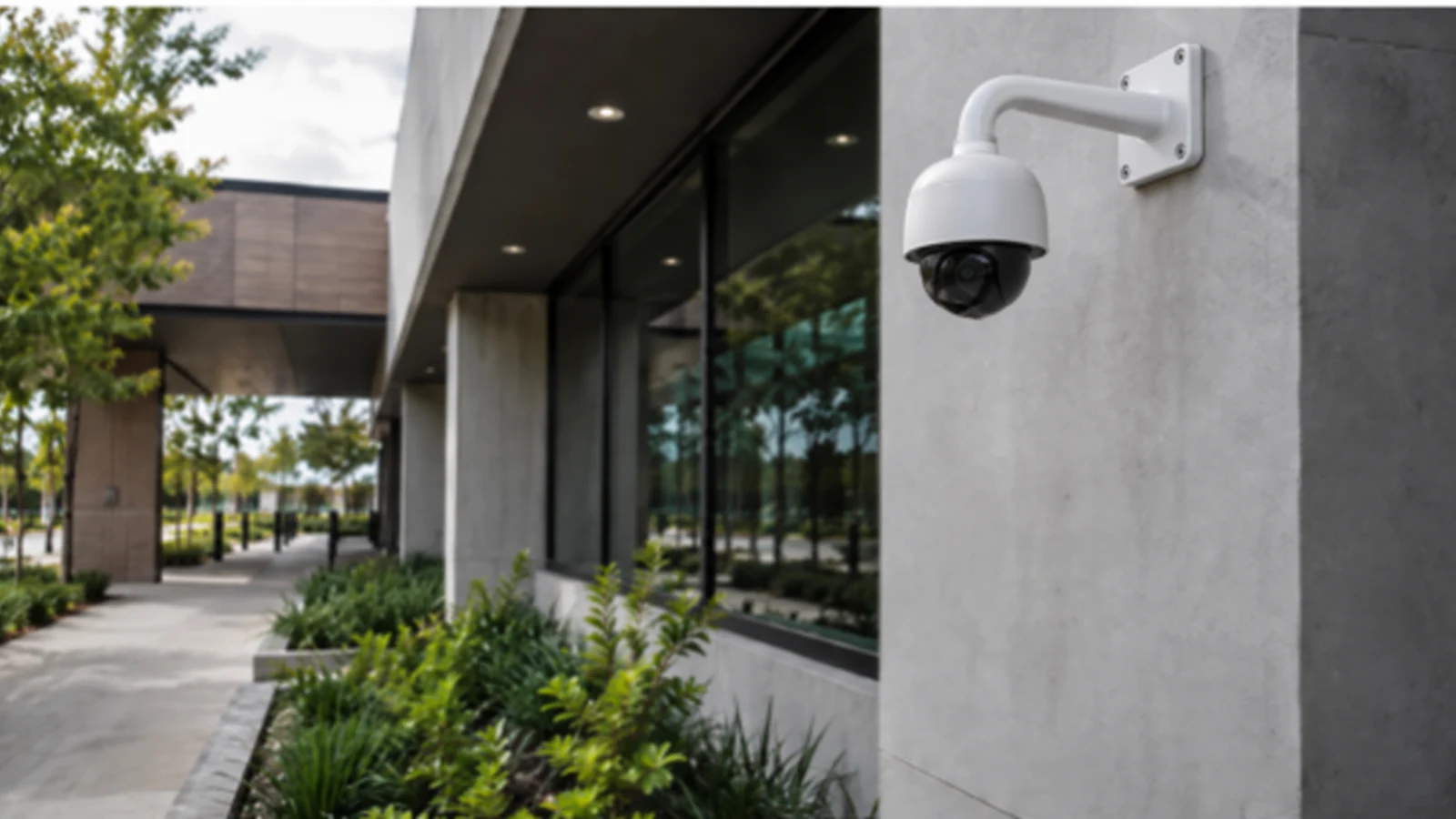 Exterior dome camera on a rigid wall bracket overlooking a commercial walkway.