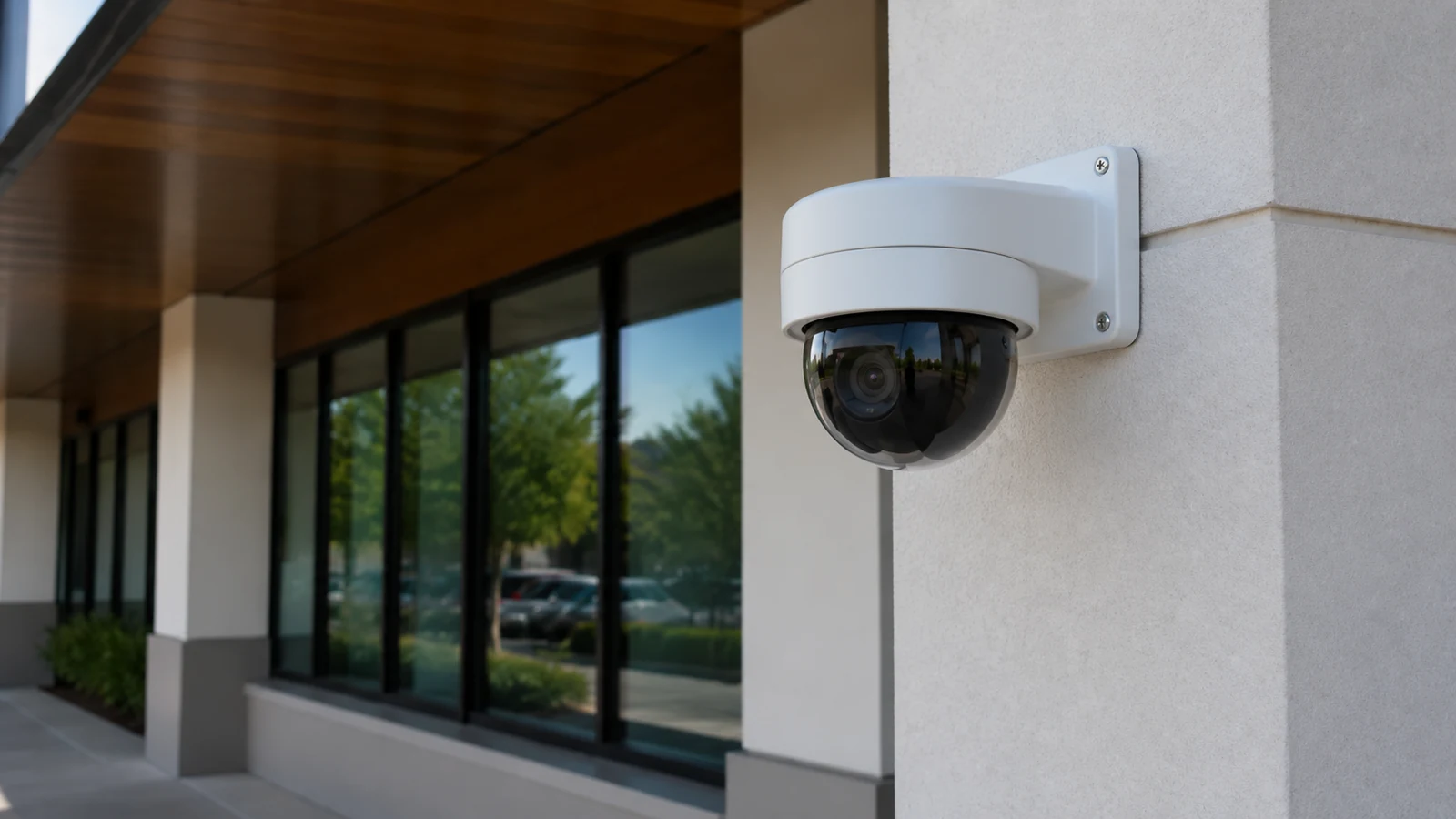 Wall-mounted PTZ dome camera overlooking a commercial walkway.
