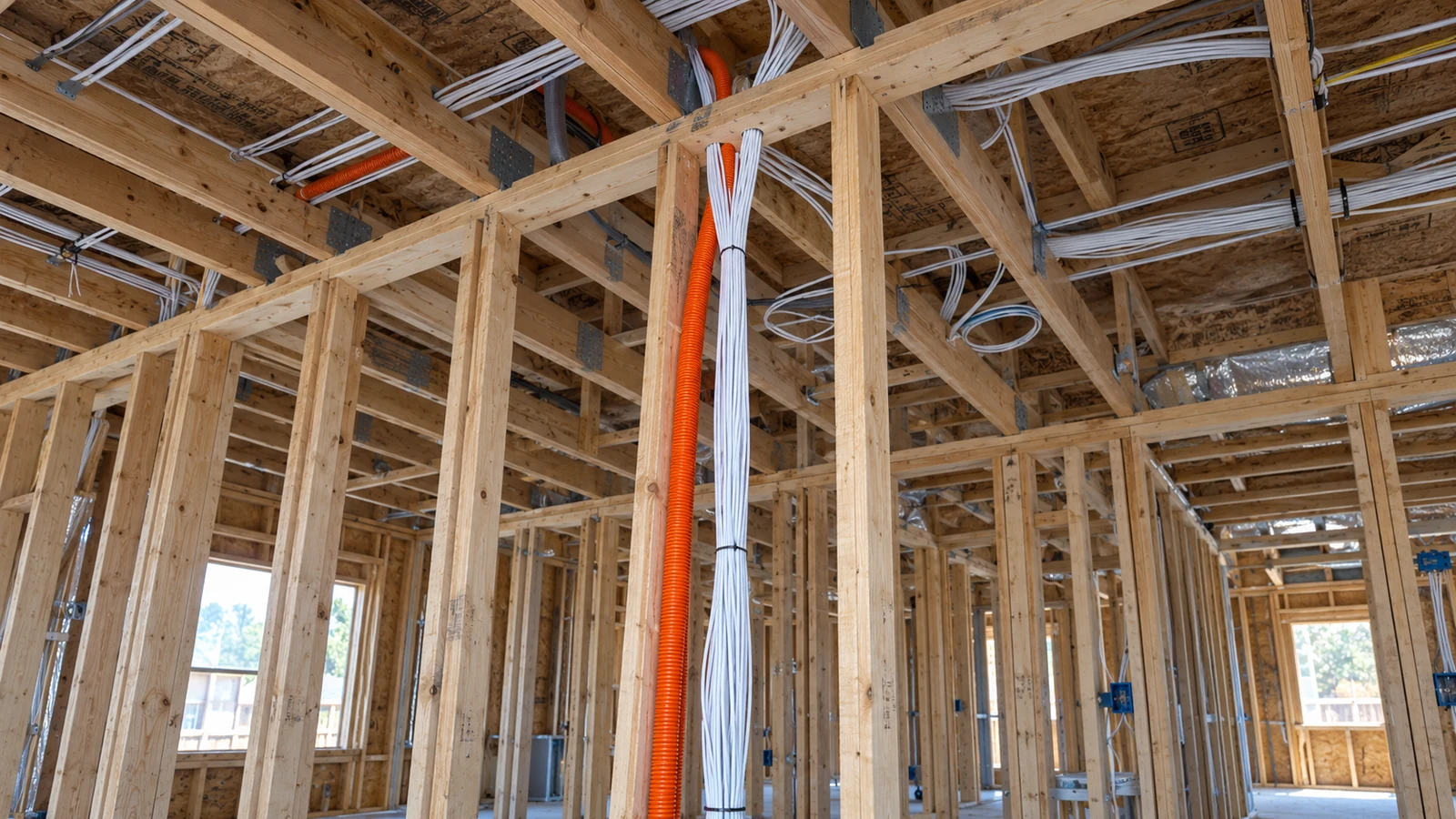 Bundled low-voltage cables routed through wood framing during a commercial tenant improvement.