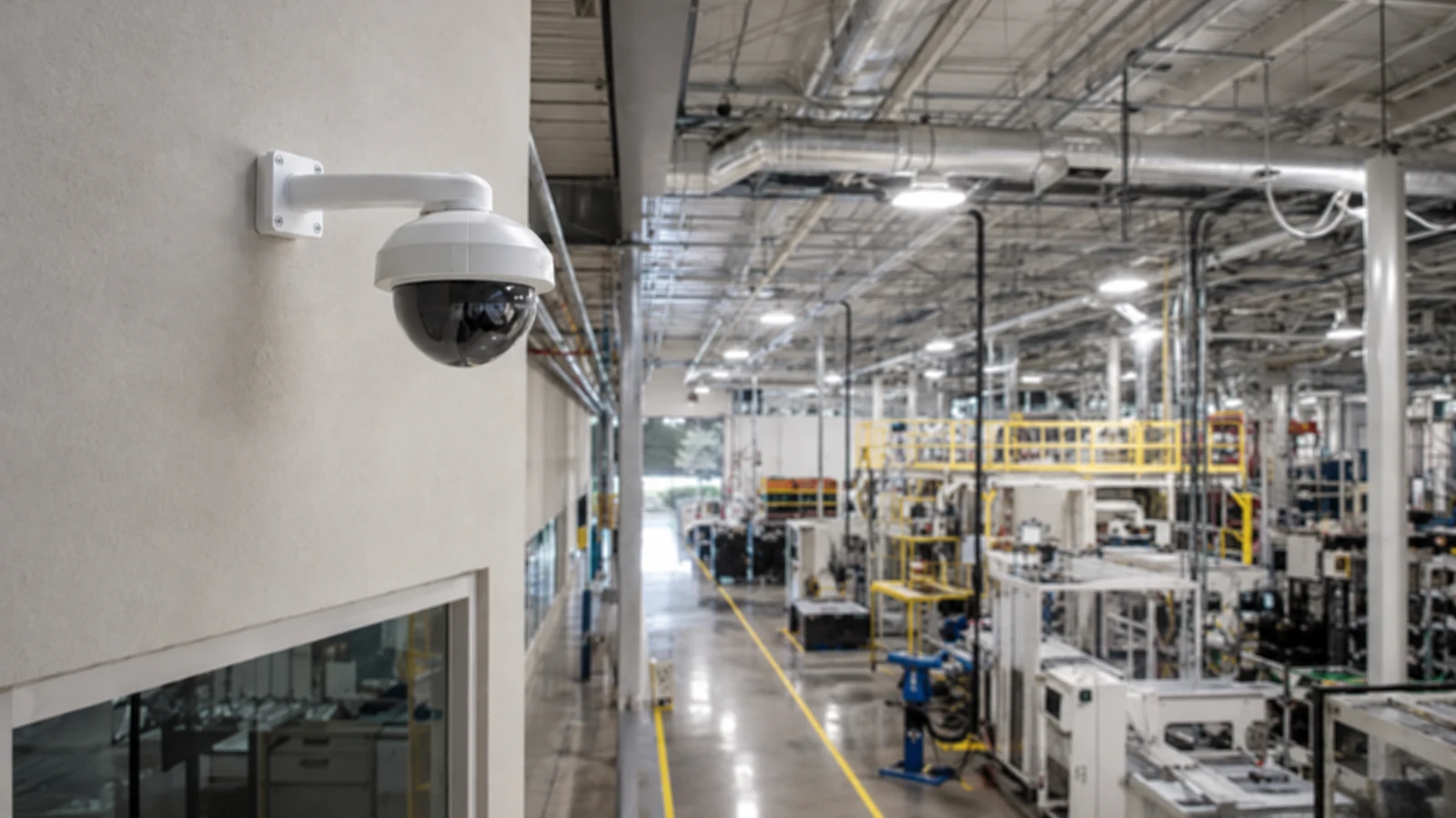 Wall-mounted dome camera overlooking a modern industrial production floor.